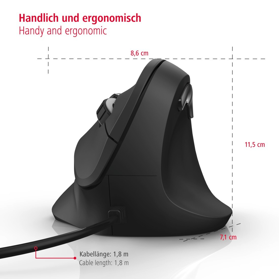 Hama ergonomische Maus »Ergonomische vertikale Maus für PC Laptop, mit Kabel, 1,8 m, Schwarz«, USB-kabelgebunden, Vorbeugung Tennisarm/Mausarm