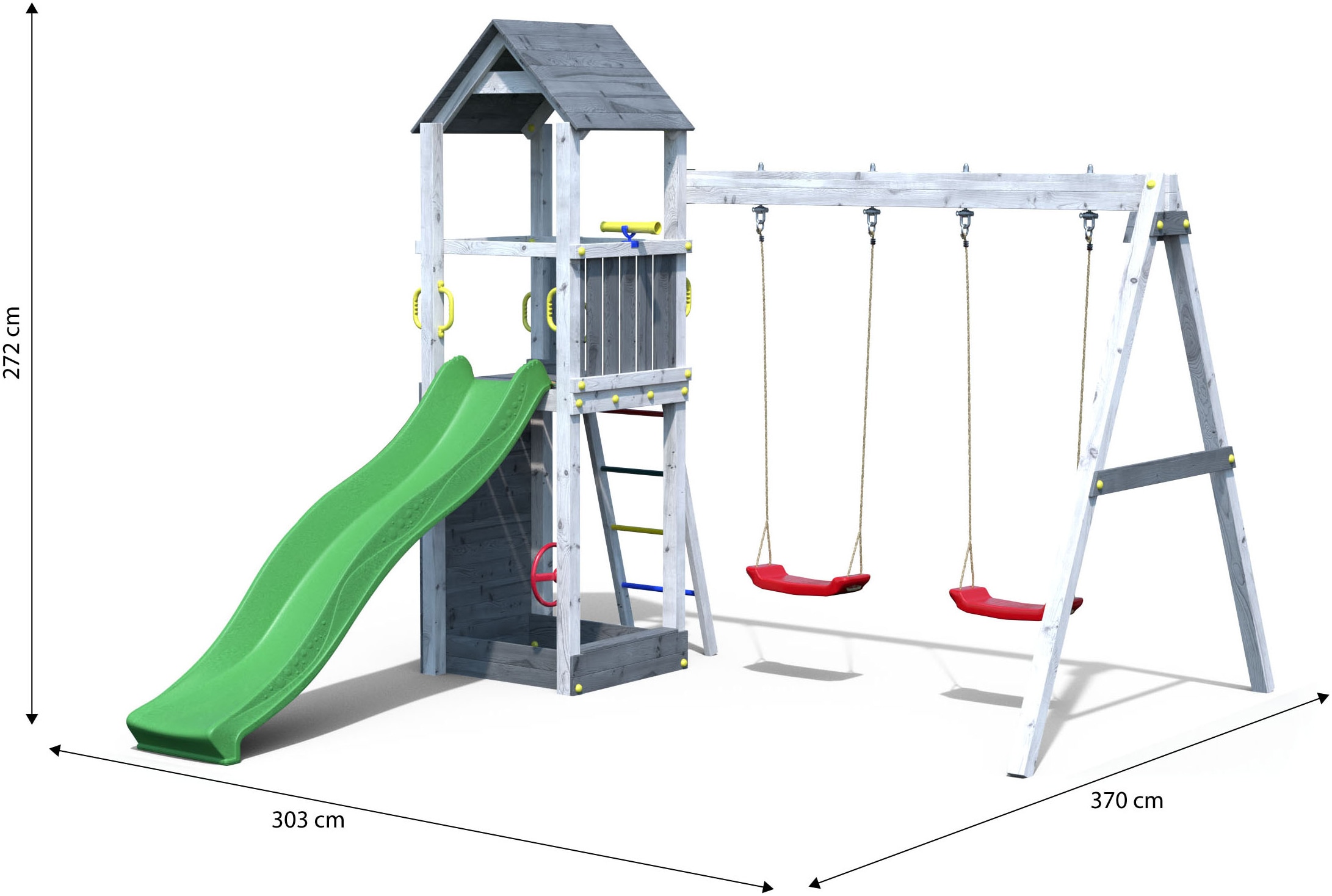FUNGOO Spielturm »FLAPPI« mit Rutsche, Doppelschaukel, Kletterwand, Teleskop, Lenkrad