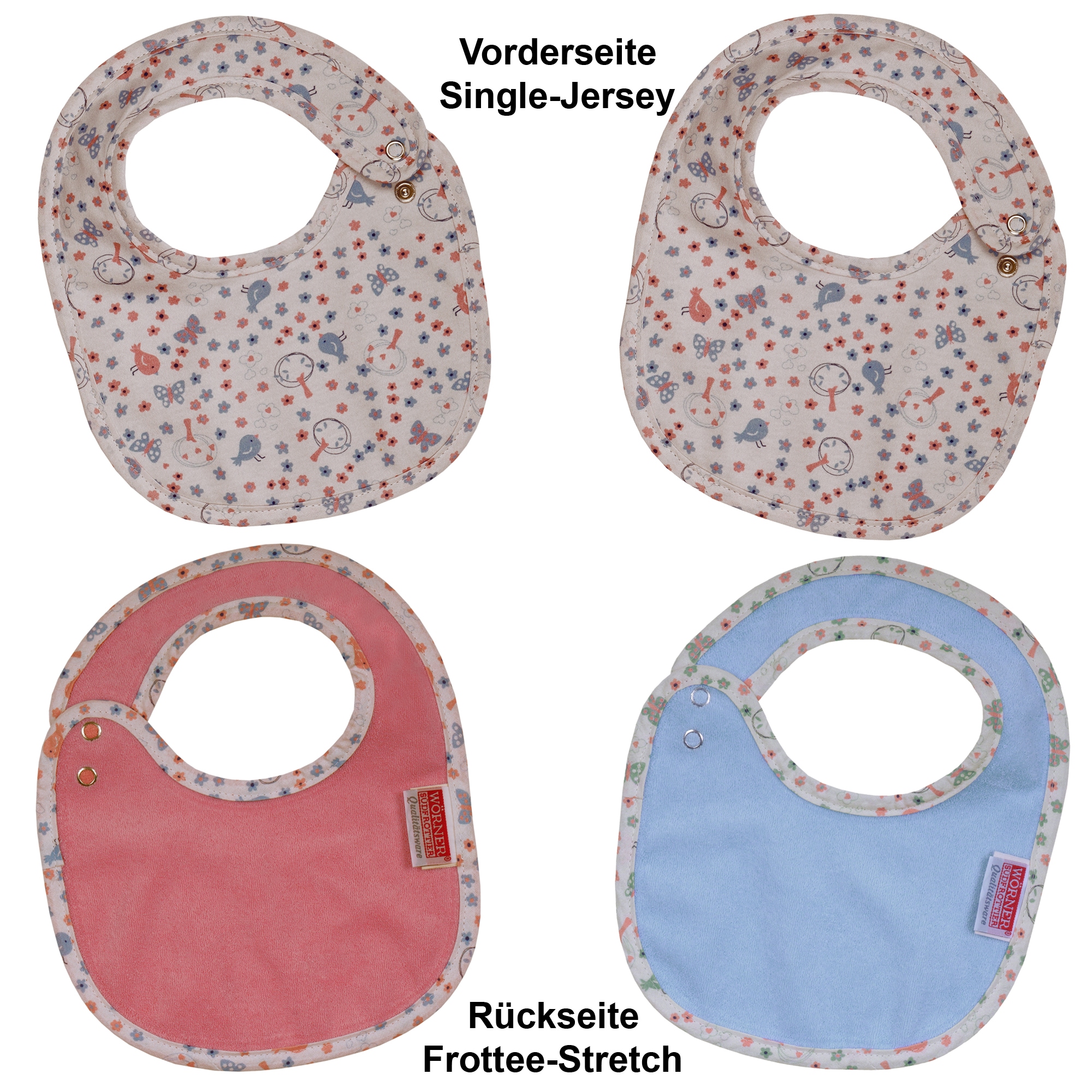 WÖRNER Baby Lätzchen "Vogel koralle/sky Druckknopflatz 22x29 cm", bunt, Baumwolle, Materialmix, Lätzchen, mit Druckknöpfen, maschinenwaschbar,