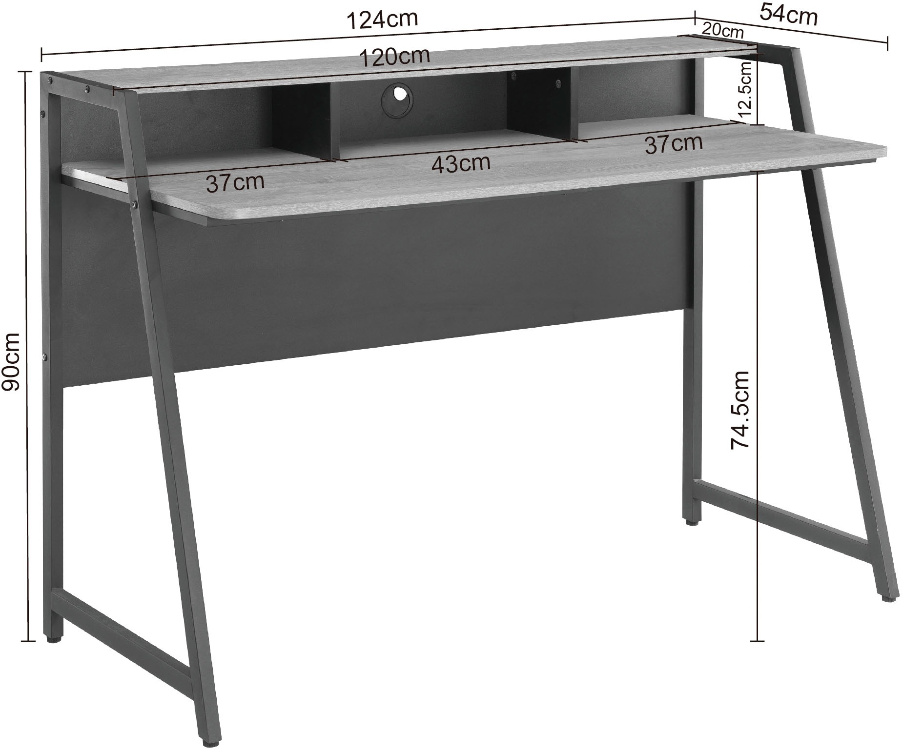 INOSIGN Schreibtisch »Horda, Computertisch mit Monitoraufsatz & Kabeldurchlass,«, asymetrisches Metallgestell, abgerundete ABS-Kanten, Breite 124 cm