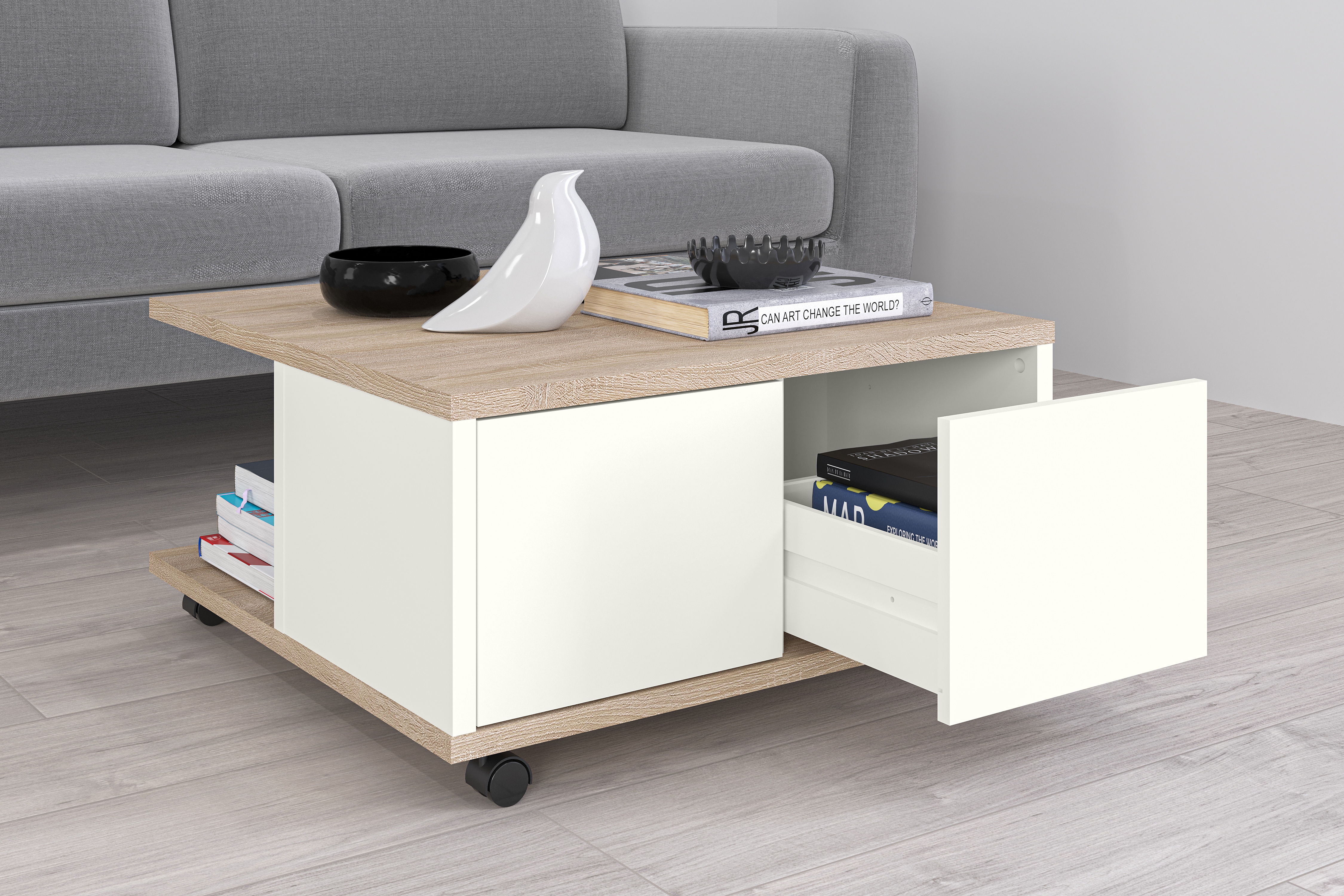 FMD Couchtisch "Twin" Sofatisch mit Rollen, Push-to-open, viel Stauraum, Breite: 70 cm