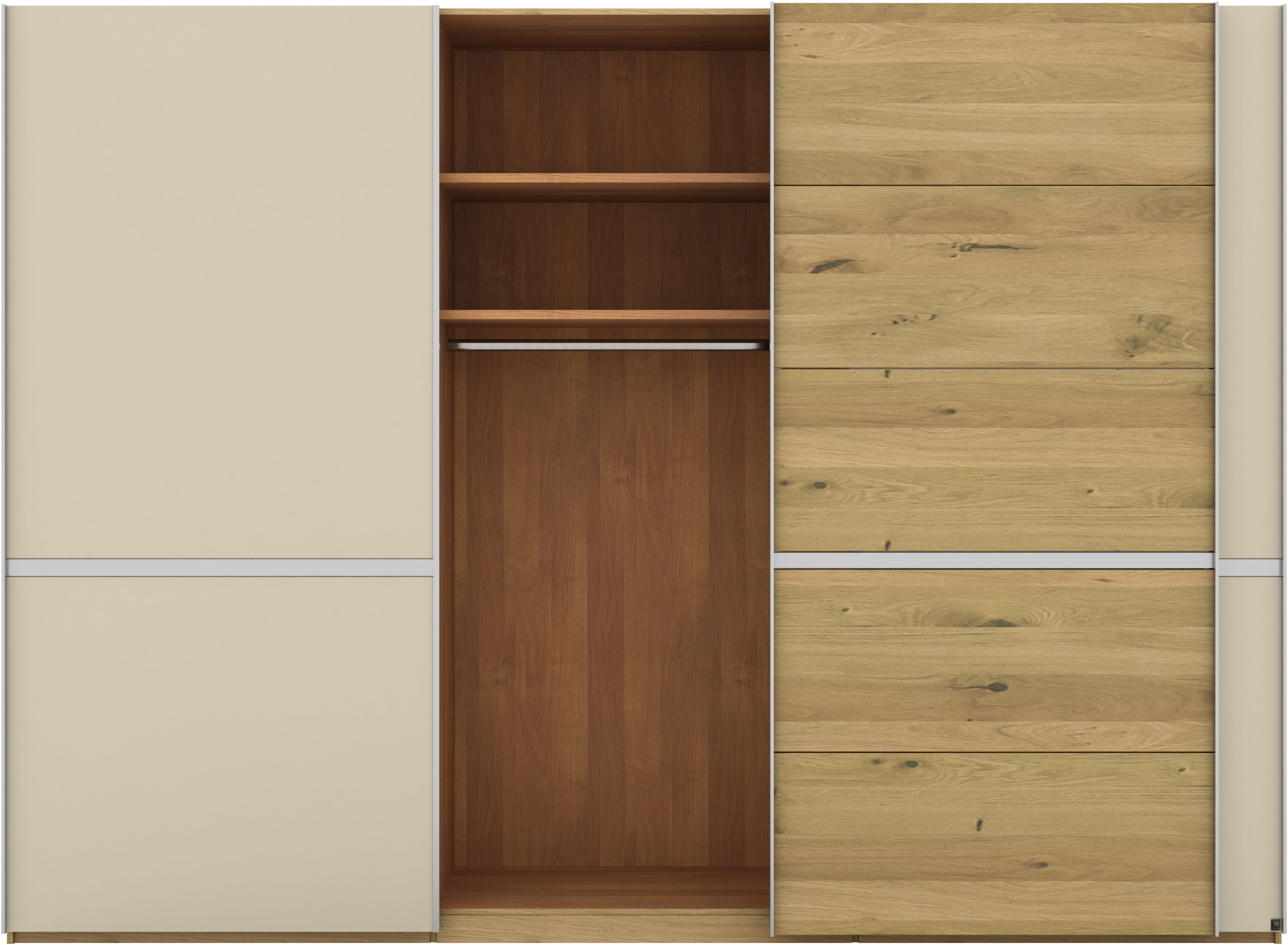 Musterring Schwebetürenschrank »Savona, Kleiderschrank, Schrank, Garderobe, mit Schiebetüren«, (Teilmassiv Bianco-Eiche, mit Spiegel oder Glas, MADE IN GERMANY), Türen Bianco-Eiche massiv, Spiegel-/Glastüren, eingelegte Chromleiste