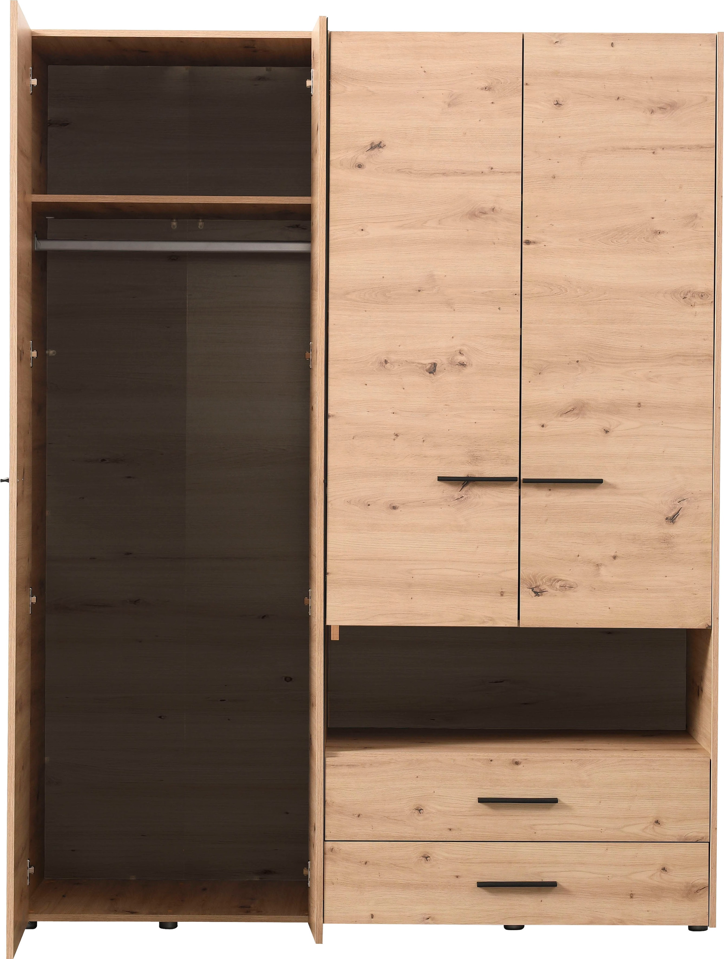 INOSIGN Kleiderschrank »Leon, FSC® -zertifiziertem Holzwerkstoff«, mit Spiegel, Innenausstattung und 2 Schubladen, 127,5x55x205,5cm