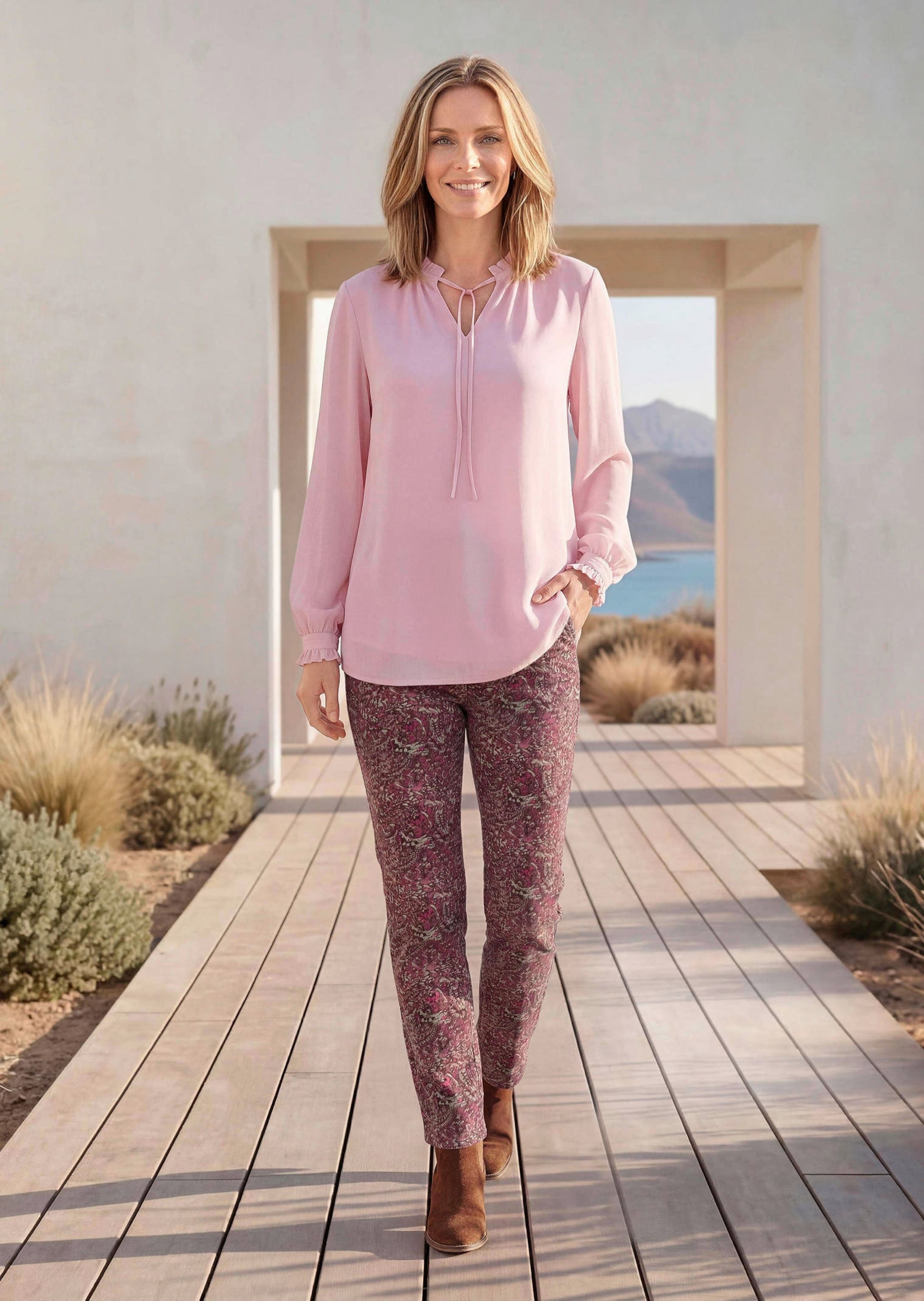 GOLDNER Schlupfbluse »Feminine Bluse mit Rüschen« Stoffbändchen am Ausschnitt