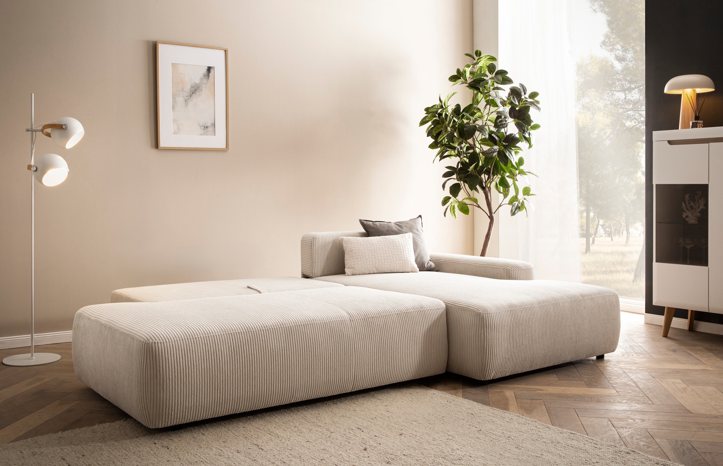 INOSIGN Ecksofa »TORGE, Schlafsofa Cord, Samtvelours u. Strukur fein, Couch in L-Form«, Schlaffunktion und Bettkasten, Liegefläche: 210x125 cm, neues Design
