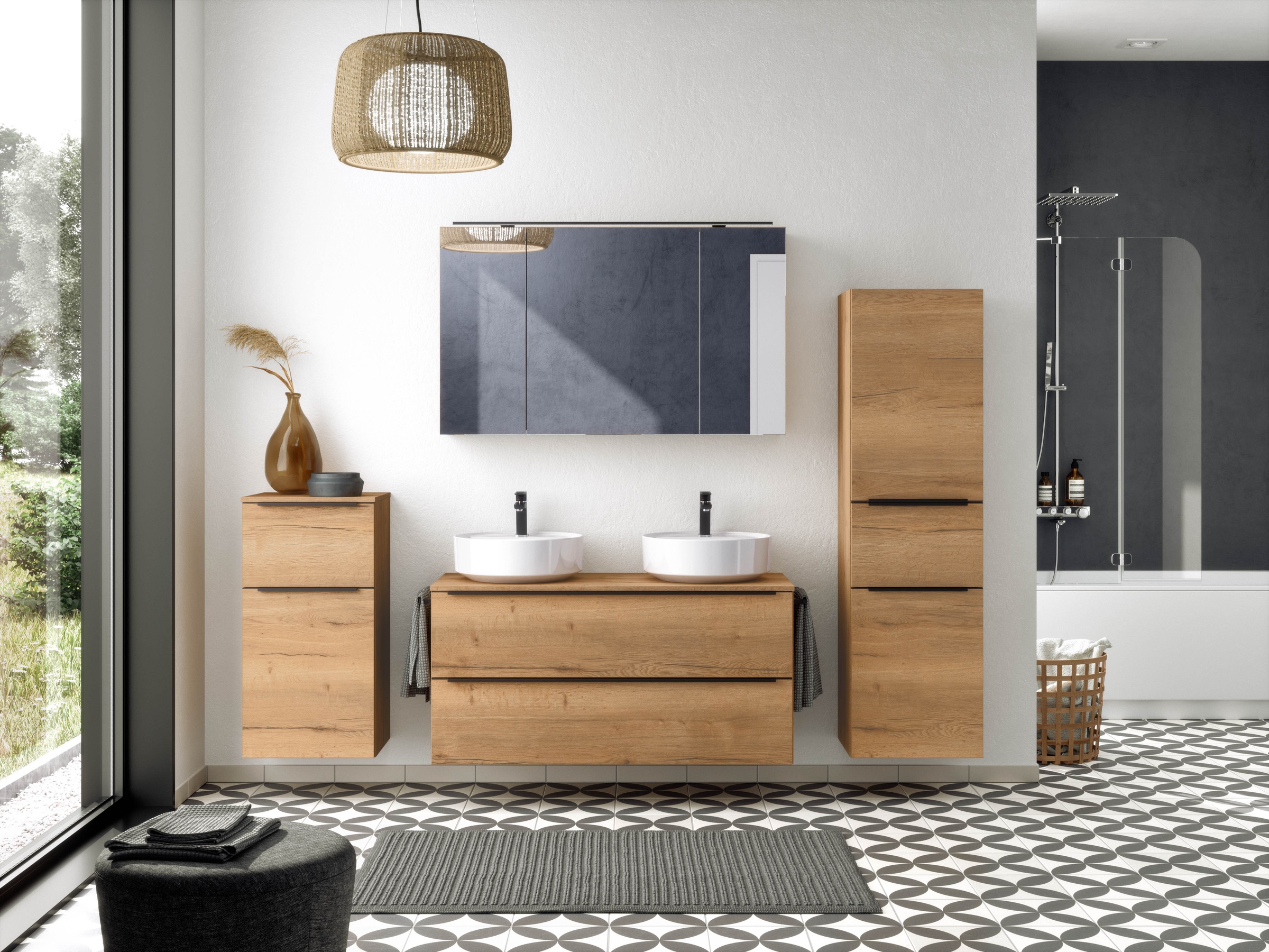 nobilia® Badmöbel-Set »Alvene«, (4 St., vormontiert, mit Soft-Close), inkl. Spiegelschrank mit Beleuchtung und Dimmerfunktion, in 4 Breiten