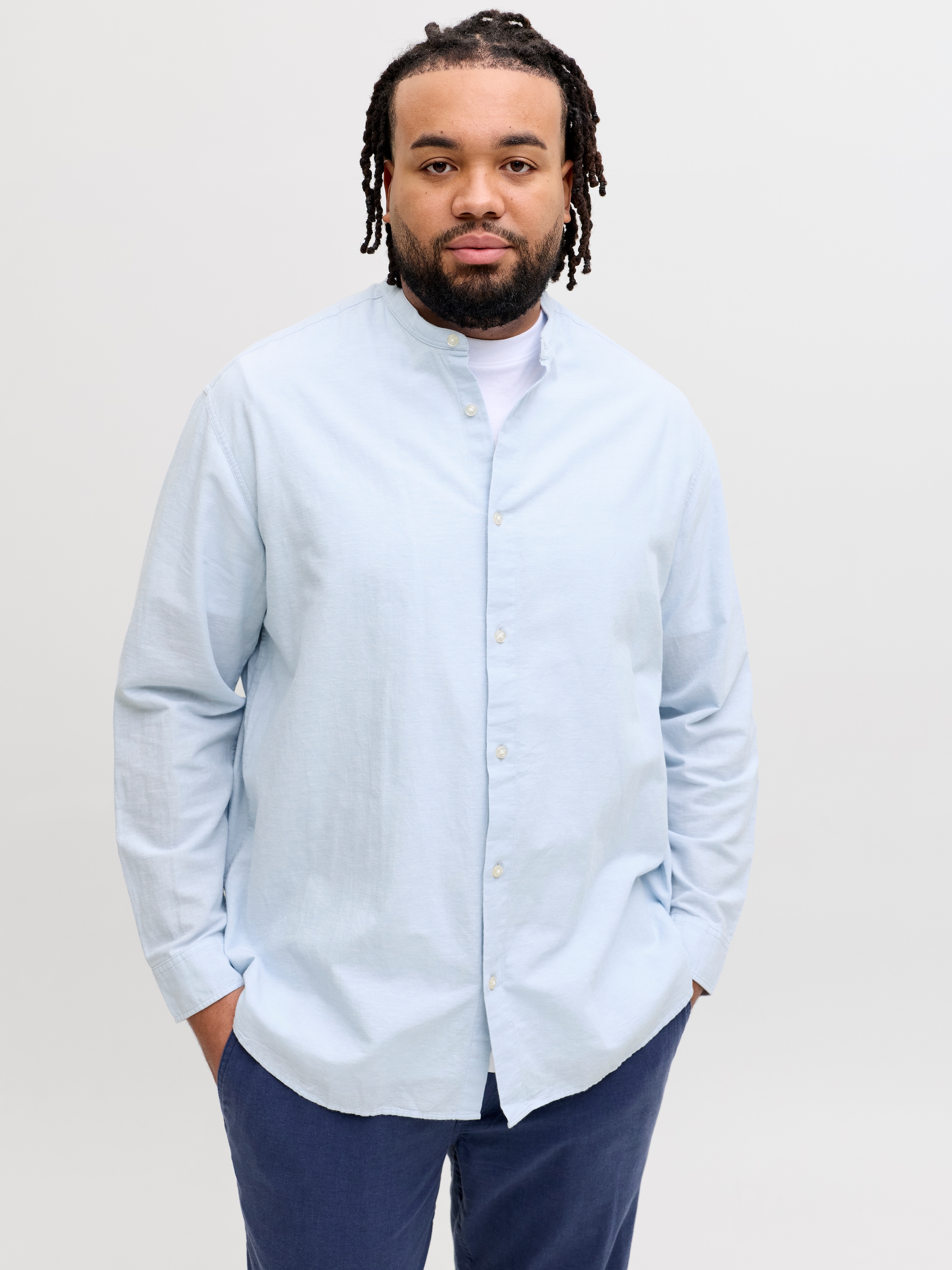 Jack & Jones PlusSize Langarmhemd "JJEBREEZE LINEN BLEND BAND SHIRT L PLS" mit Stehkragen