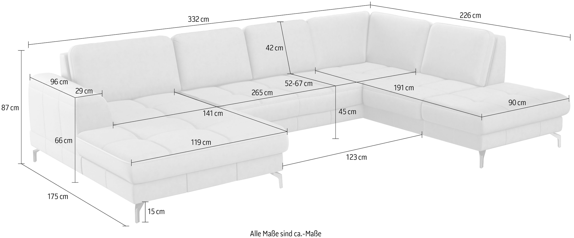 sit&more Wohnlandschaft »Bendigo U-Form«, inklusive Sitztiefenverstellung, Bodenfreiheit 15 cm, in 2 Fußfarben