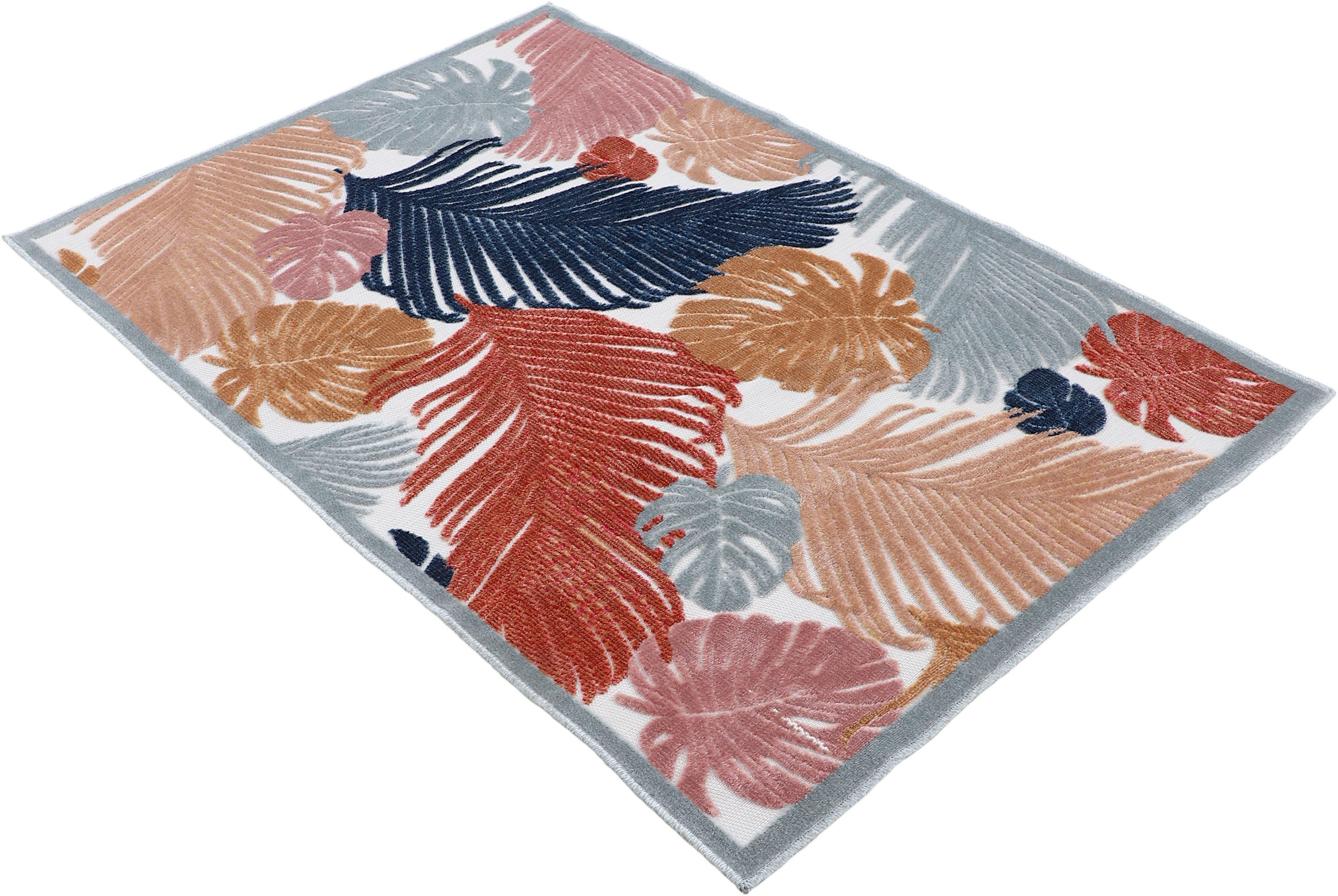 Thumbnail - carpetfine Teppich "Deja 104" rechteckig 4 mm Höhe robustes Flachgewebe, Floral Palmenblätter, In- und Outdoor, Läufer