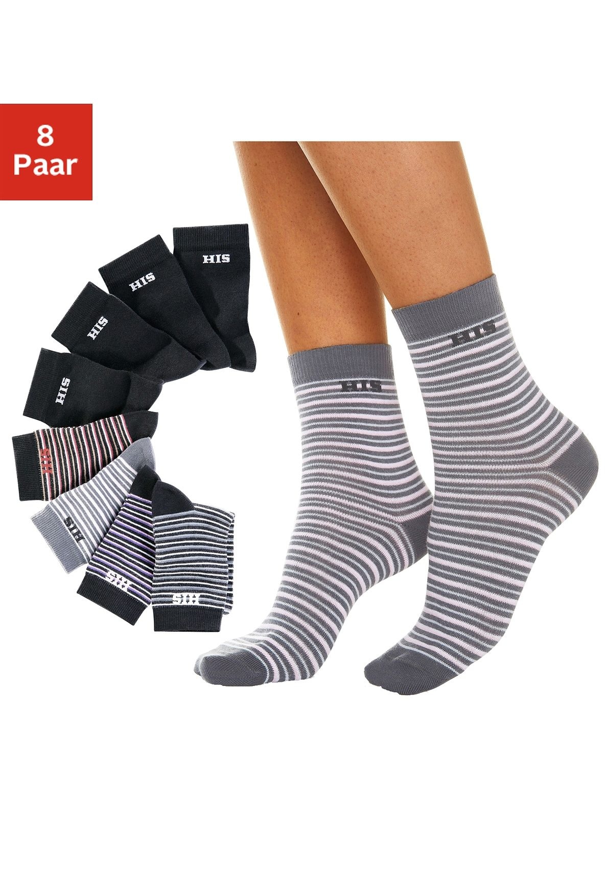 H.I.S Socken, (Set, 8 Paar), geringelt und unifarben