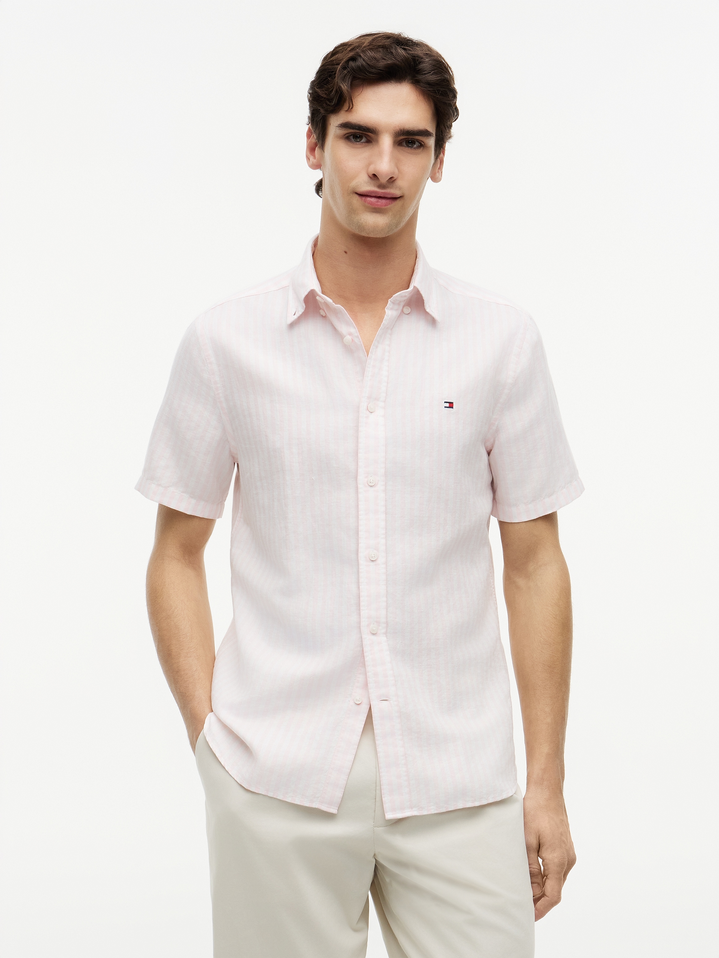 Tommy Hilfiger Kurzarmhemd "LINEN BLEND BENGAL STP SS RF SHT" Regular Fit aus Leinenmix mit Bengalstreifen