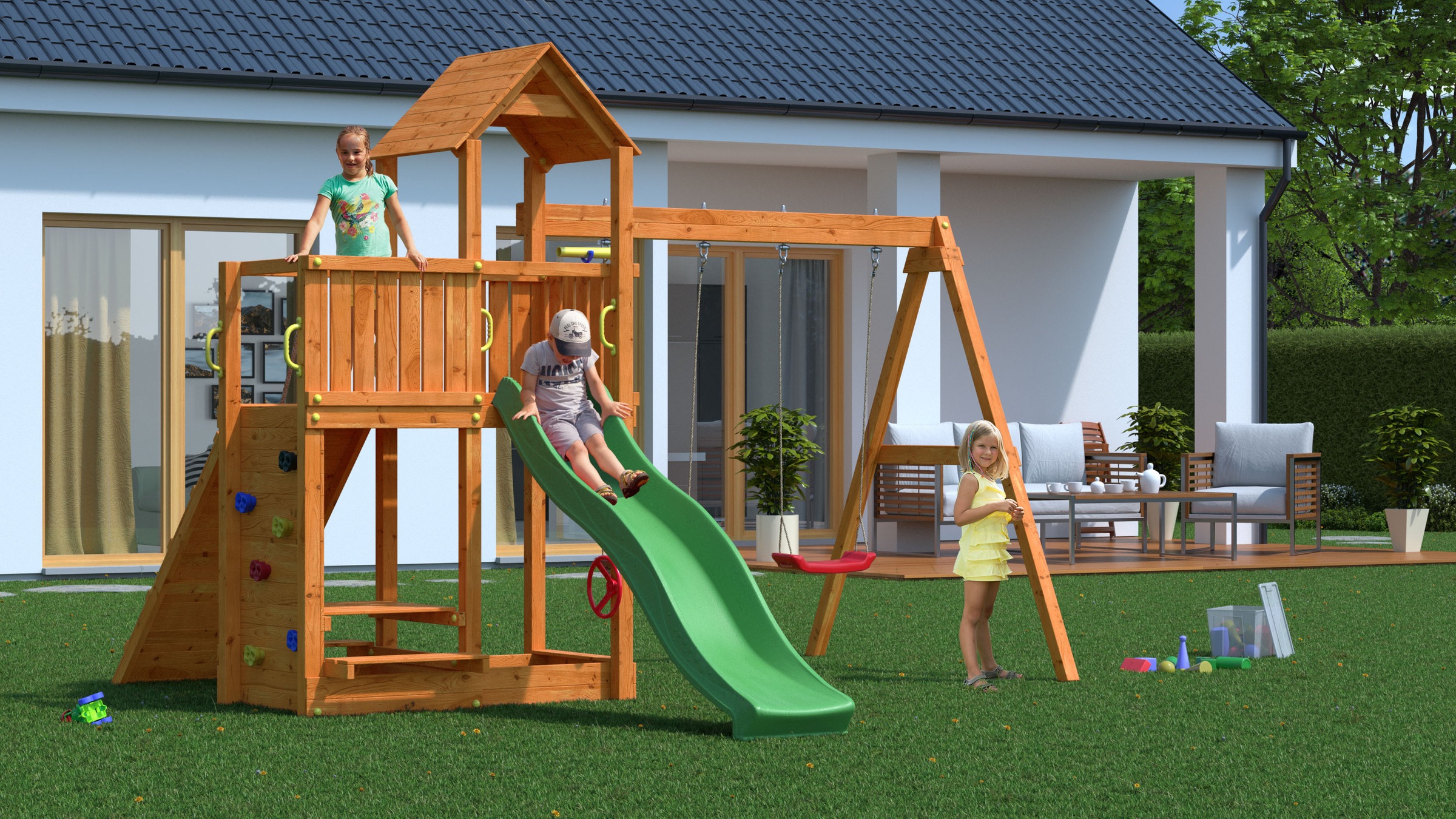 FUNGOO Spielturm »FLOPPI« mit Rutsche, Doppelschaukel, Kletterwand, Teleskop, Lenkrad