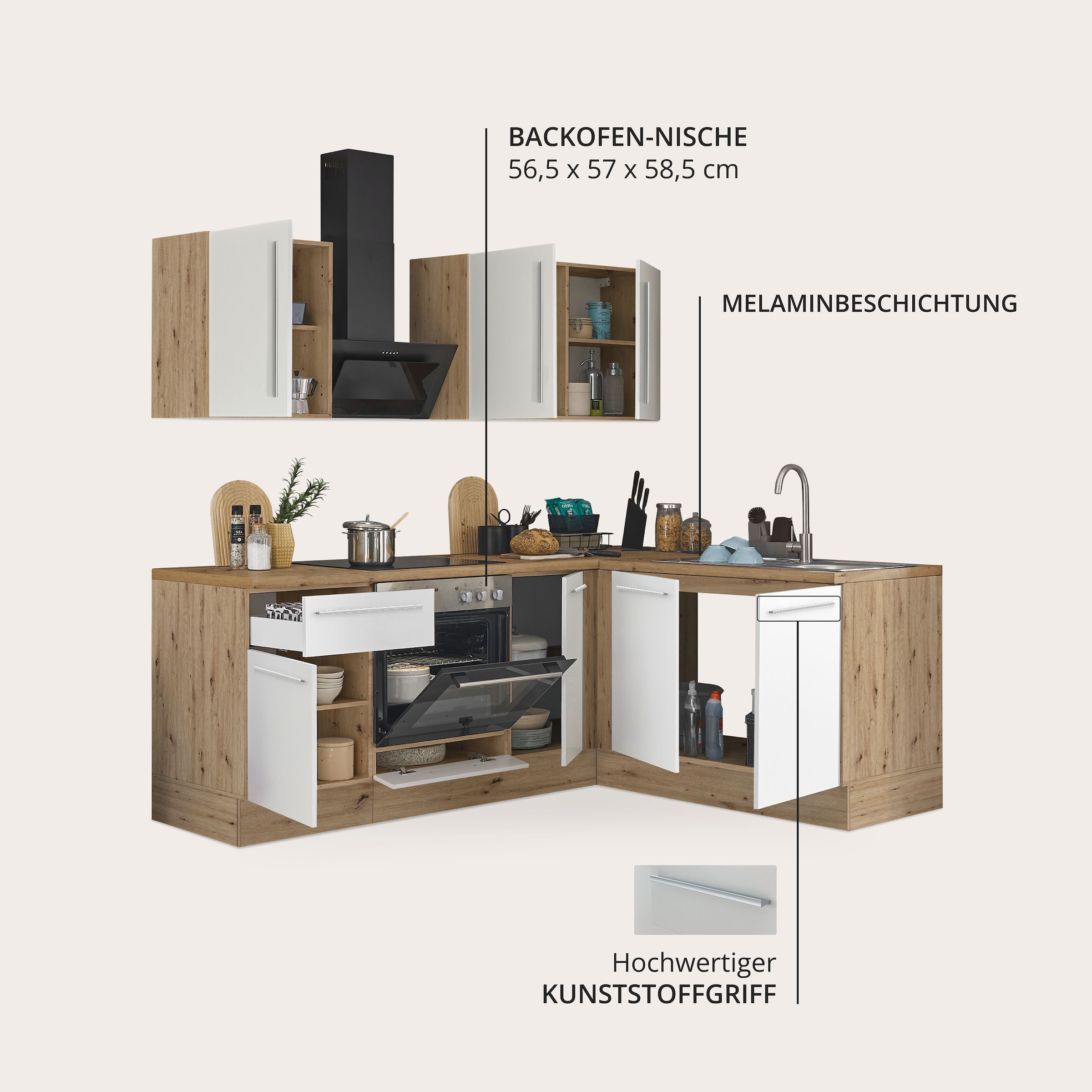 KOCHSTATION Winkelküche »Florida, Stellbreite 210x165 cm« wahlweise mit E-Geräten, mit Softclose für Türen und Schubkästen