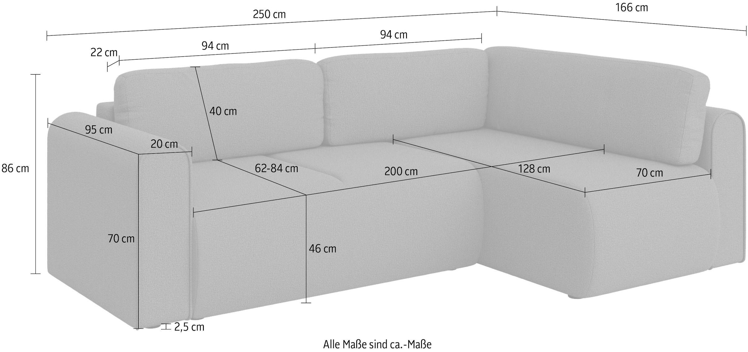 INOSIGN Ecksofa »Zacharia wahlweise Schlafsofa mit Bettkasten, B/T/H 250/166/86 cm«, L-Form mit Wellenunterfederung, Ottomane rechts oder links bestellbar
