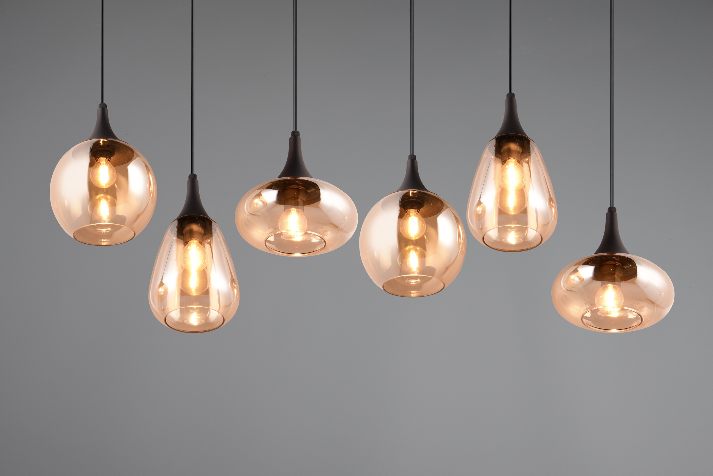 TRIO Leuchten Pendelleuchte »LUMINA, E14 Hängelampe 6-flammig Glasschirme in 3 Formen amberfarbig«, 6 flammig, Leuchtmittel E14 | Leuchtmittel wechselbar, exkl 6x E14 max 40W, Hängeleuchte höhenverstellbar bis max 150 cm