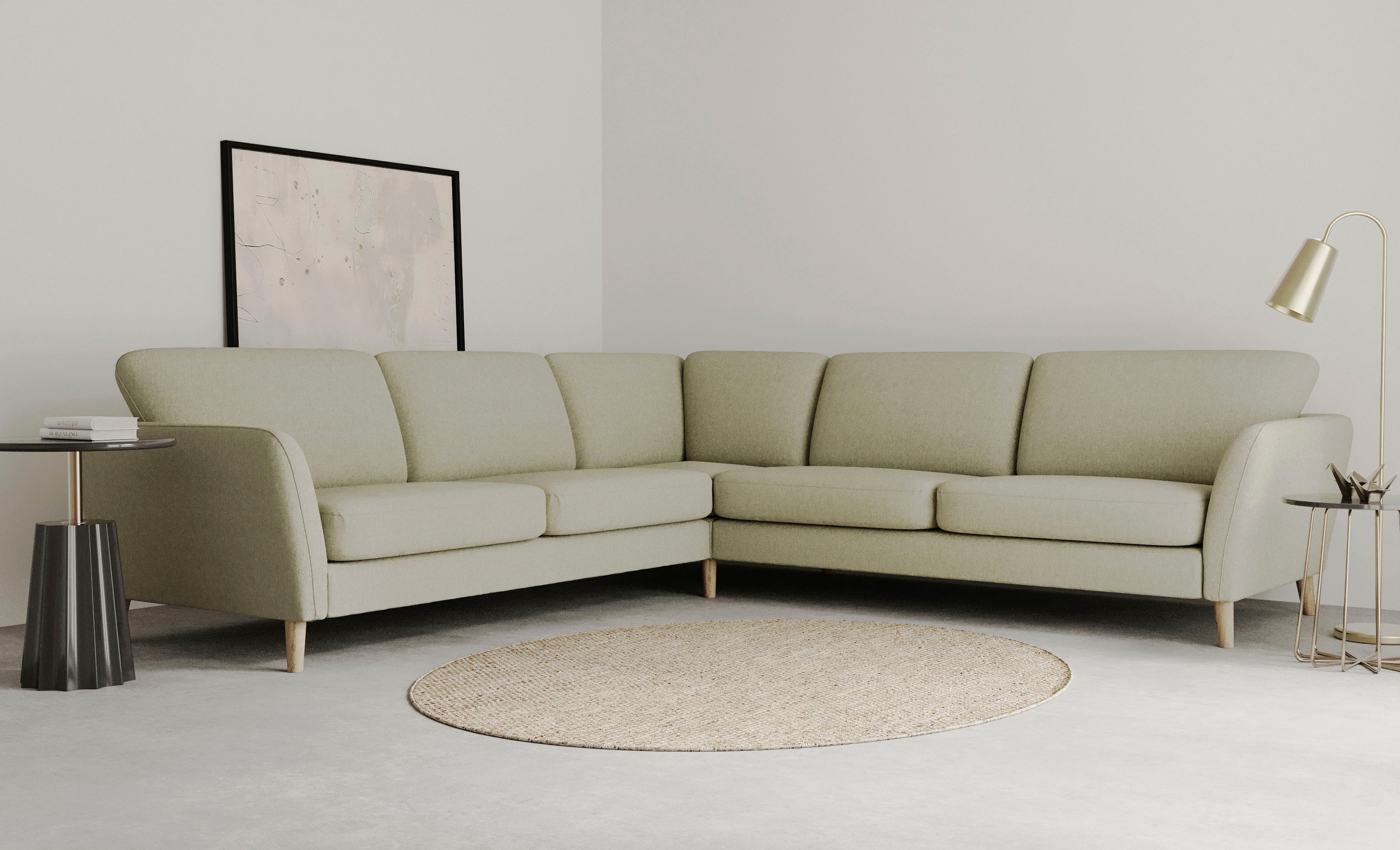 OTTO home Ecksofa "MARSEILLE 278/278 cm, L-Form, Webstoff, Flachgewebe, Filzoptik" gleichschenklig, Massivholzbeine, Landhausstil, Wellenunterfederung