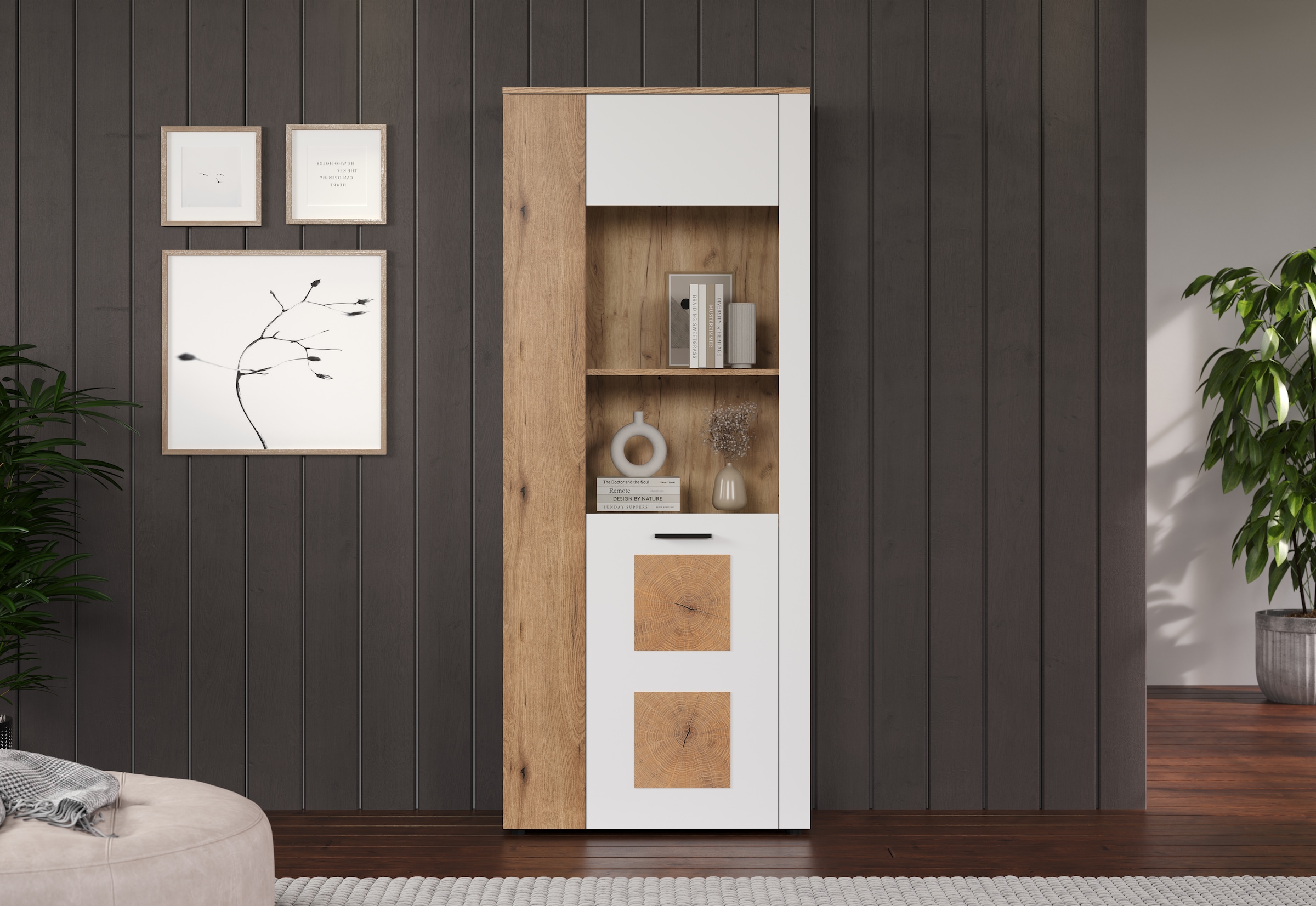 INOSIGN Standvitrine »Linz«, (1 St.), Wohnzimmervitrine in Weiß/Eiche mit Hirnholzapplikationen