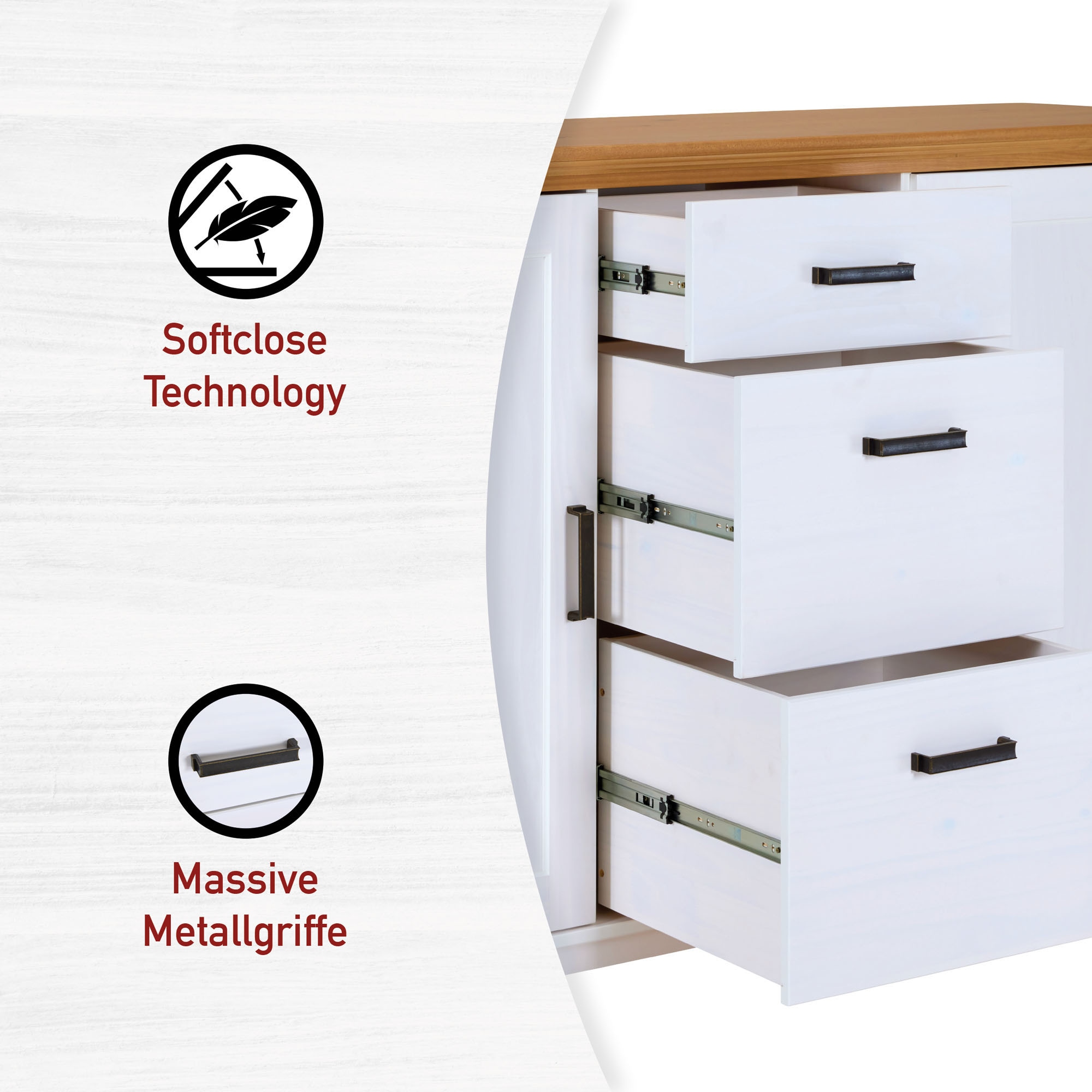 Inter Link Sideboard »Maluno« 1 Stk. tlg. Kiefer Massiv, Soft-Close, Stauraum, BxTxH: ca. 166,4 x 48,3 x 104 cm