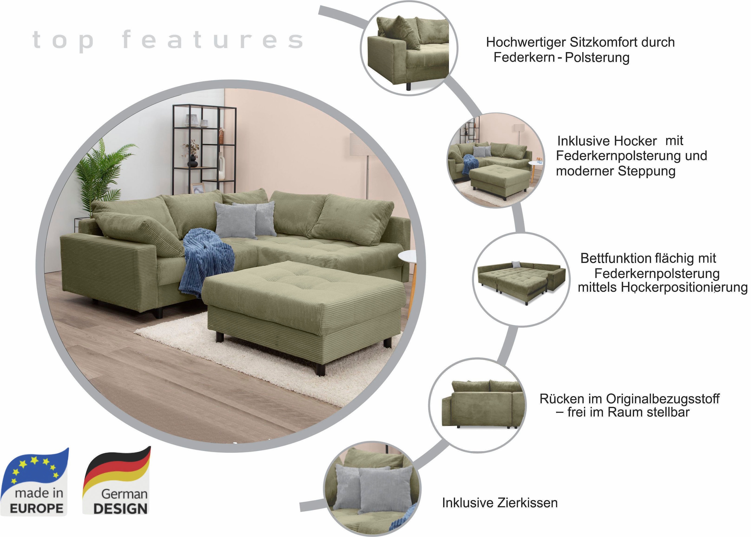 COLLECTION AB Ecksofa »Antonia L-Form, B: 215 cm« Ecksofa, Rückenkissen, ottomane beidseitig montierbar, Bonnelfederkern