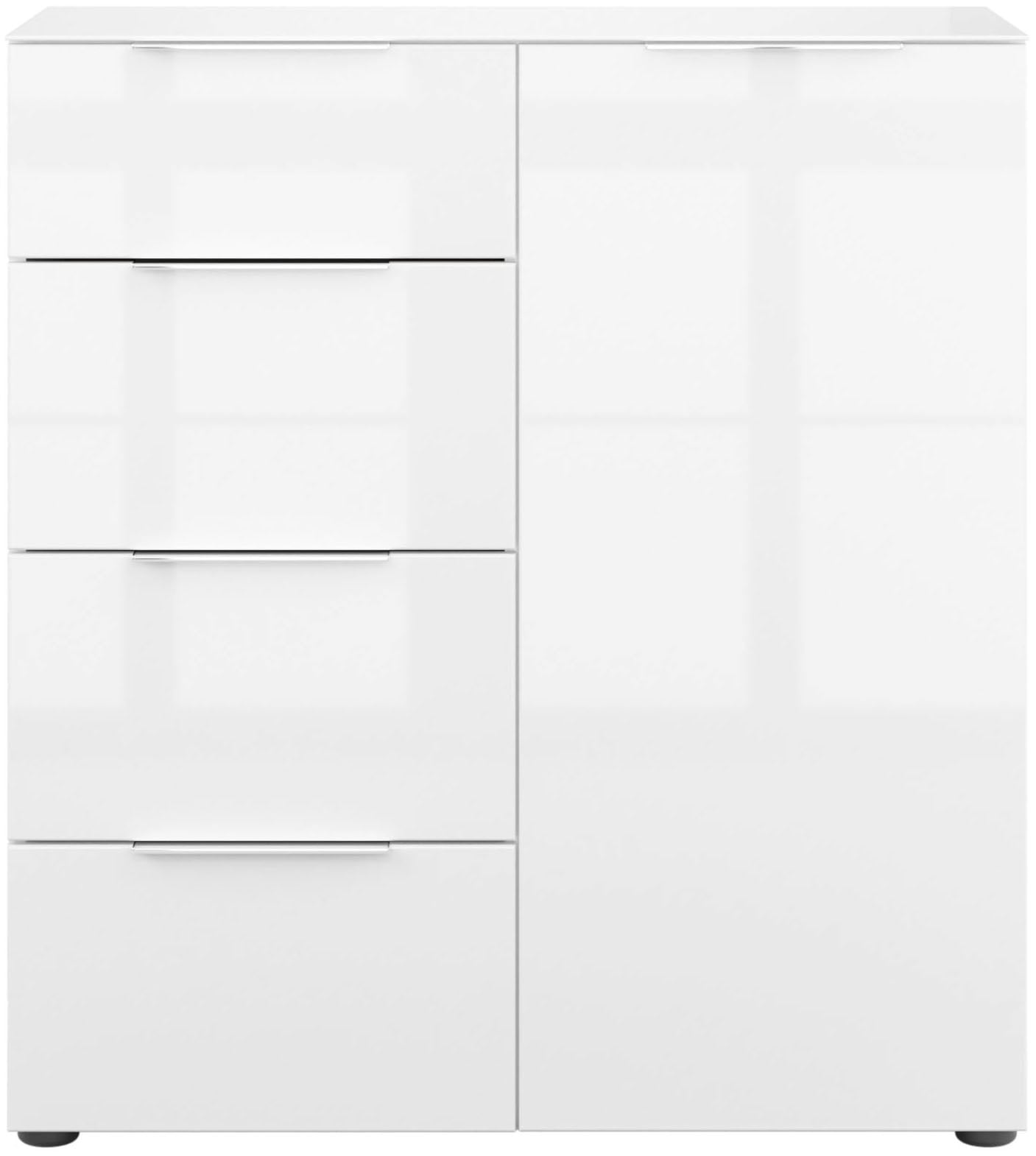 Manjana Möbel Highboard "mit Chrom oder Schwarz matten Metallgriffen & Glasfront, Soft-Close" melaminbeschichteter Korpus, mit Vollauszug, Made in Germany