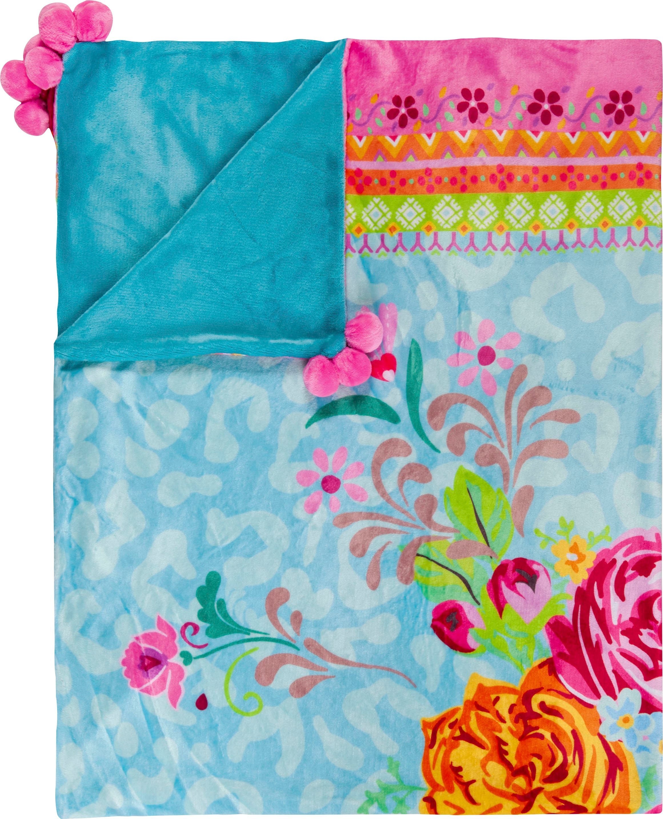 Happiness Plaid »Wild Rose«, Weich, Kuscheldecke, 130x160 cm, Wendeoptik, Mit Pompoms, Blumen, Bunt