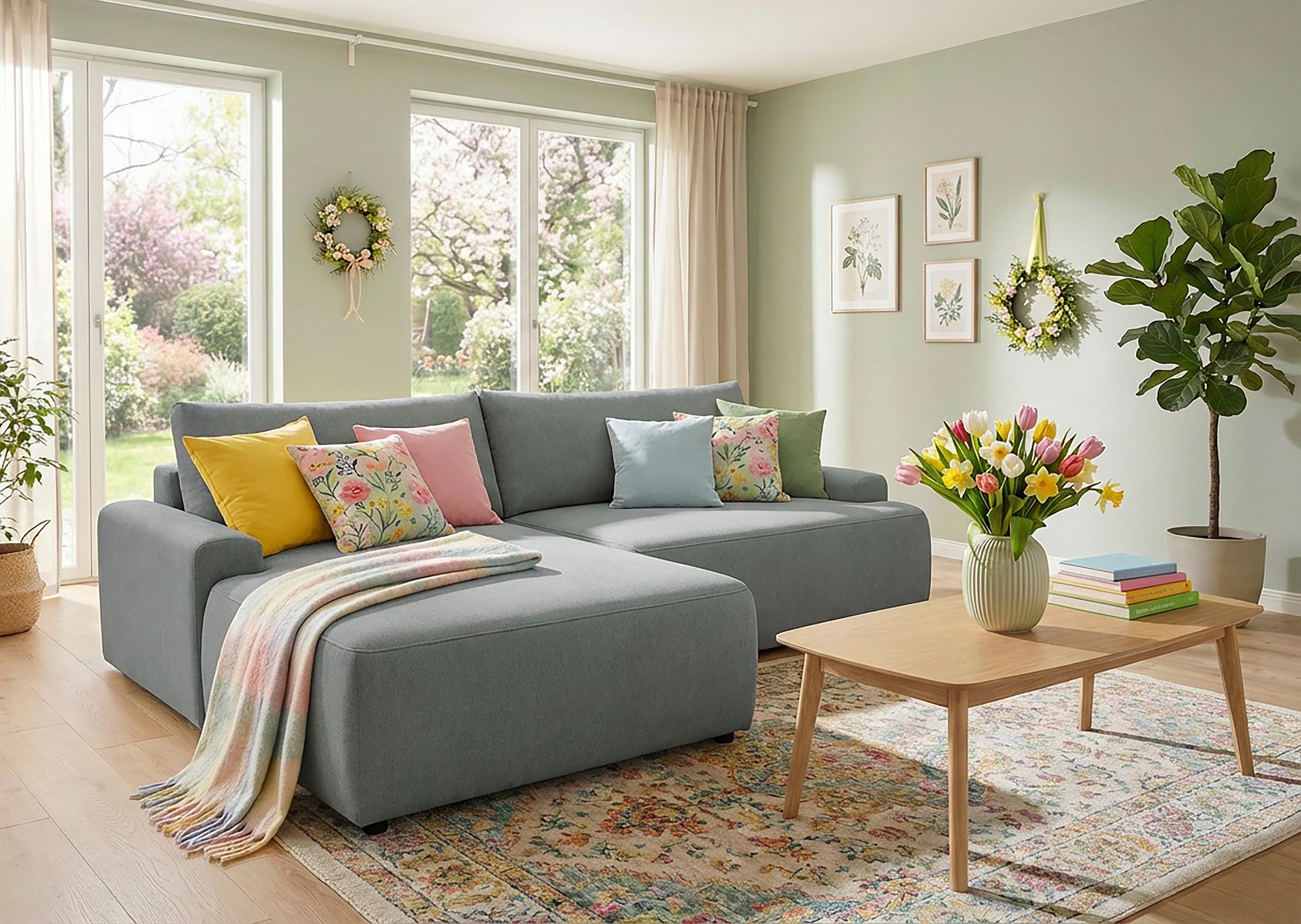 TRENDMANUFAKTUR Ecksofa "Prag, Schlafsofa mit Bettkasten, Couch in L-Form, Breite 253 cm" in feinem Strukturstoff, grau, Recamiere links