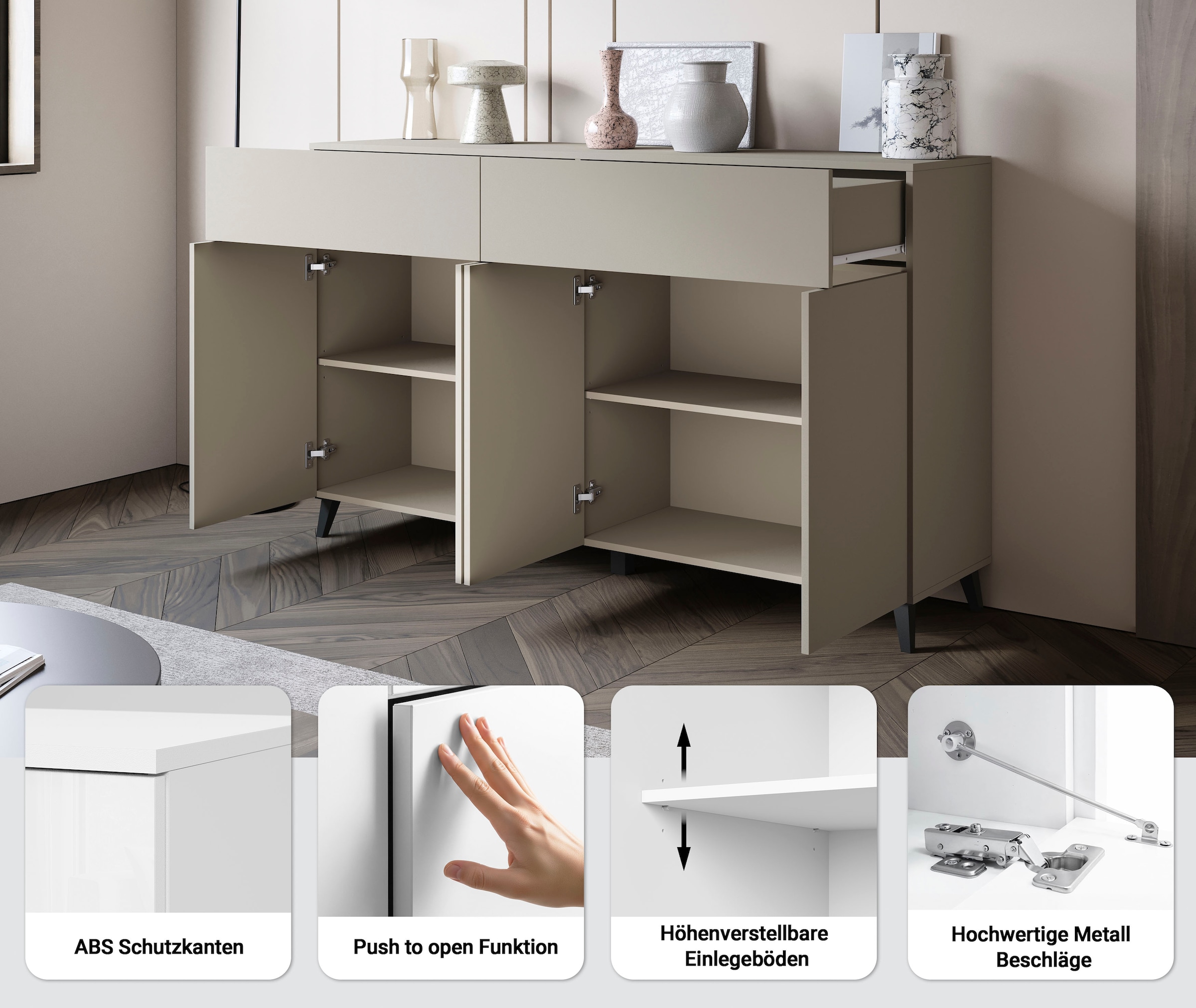 Home affaire Sideboard »Phuket mit 4 Türen und 2 Schubladen, 160 cm breit« 1 Stk. tlg. Grifflose Kommode mit Push-to-Open und viel Stauraum