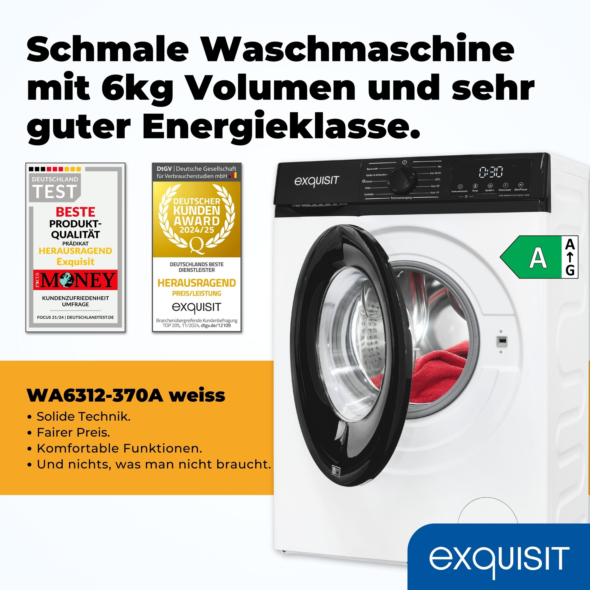 Thumbnail - exquisit Waschmaschine "WA6312-370A weiss" 6 kg 1200 U/min 6 kg, 11 Programme, Restlaufzeitanzeige, Kindersicheruing