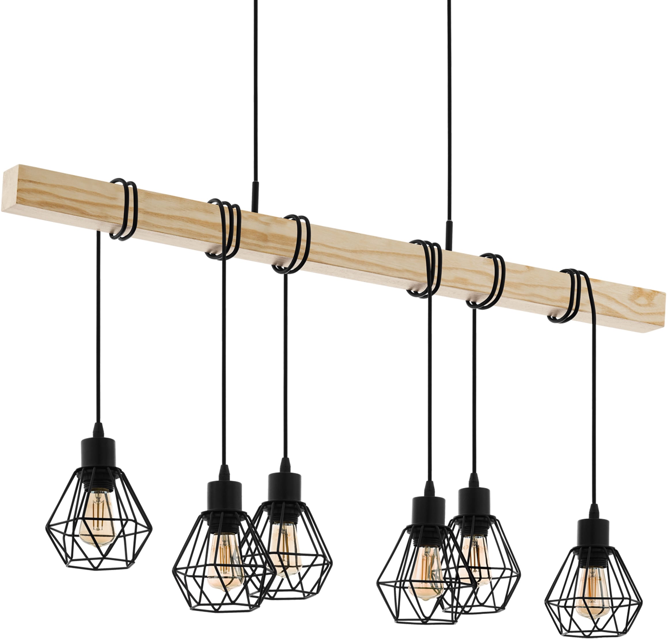 EGLO Pendelleuchte TOWNSHEND 5, E27, schwarz / L100 x H110 x B20 cm / exkl. 6 x E27 (je max. 60W) / Hängelampe aus Holz und Metall - Pendellampe - Pendelleuchte - Esstischlampe - Lampe für Esstisch - Wohnzimmerlampe - Retro - Vintage - Rustikal