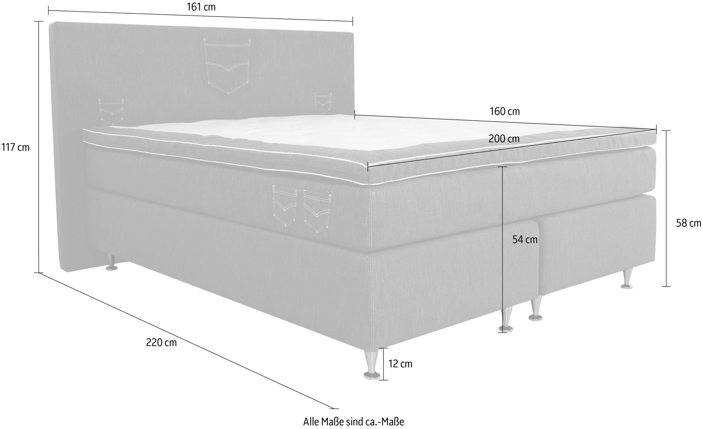 INOSIGN Boxspringbett »Zahara«, inkl. Topper, besonderes Highlight: aufgenähten Jeanstaschen - Optik
