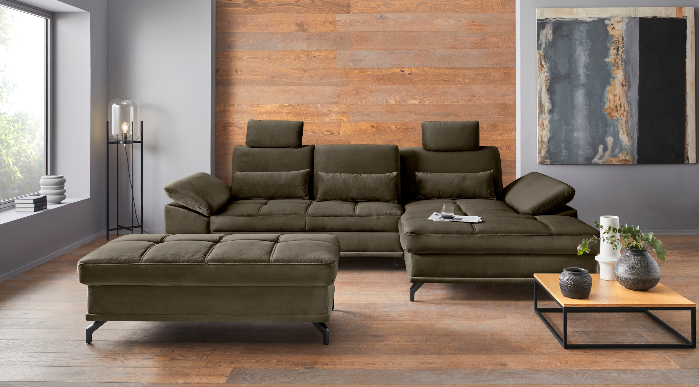 OTTO home Ecksofa "Costello L-Form, B: 301cm, Sitztiefen & Armteilverstellung, Federkern" 3 Nierenkissen, optional Schlaffunktion & Bettkasten