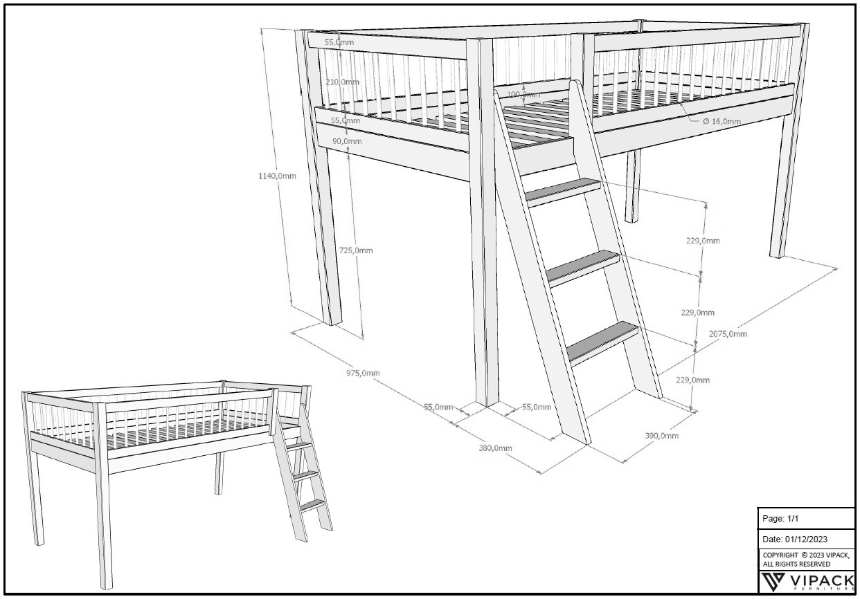 Home affaire Spielbett, (Made in Europe), aus Eiche geölt, LF 90x2000cm, RR, Leiter, Vorhang u. Absturzschutz