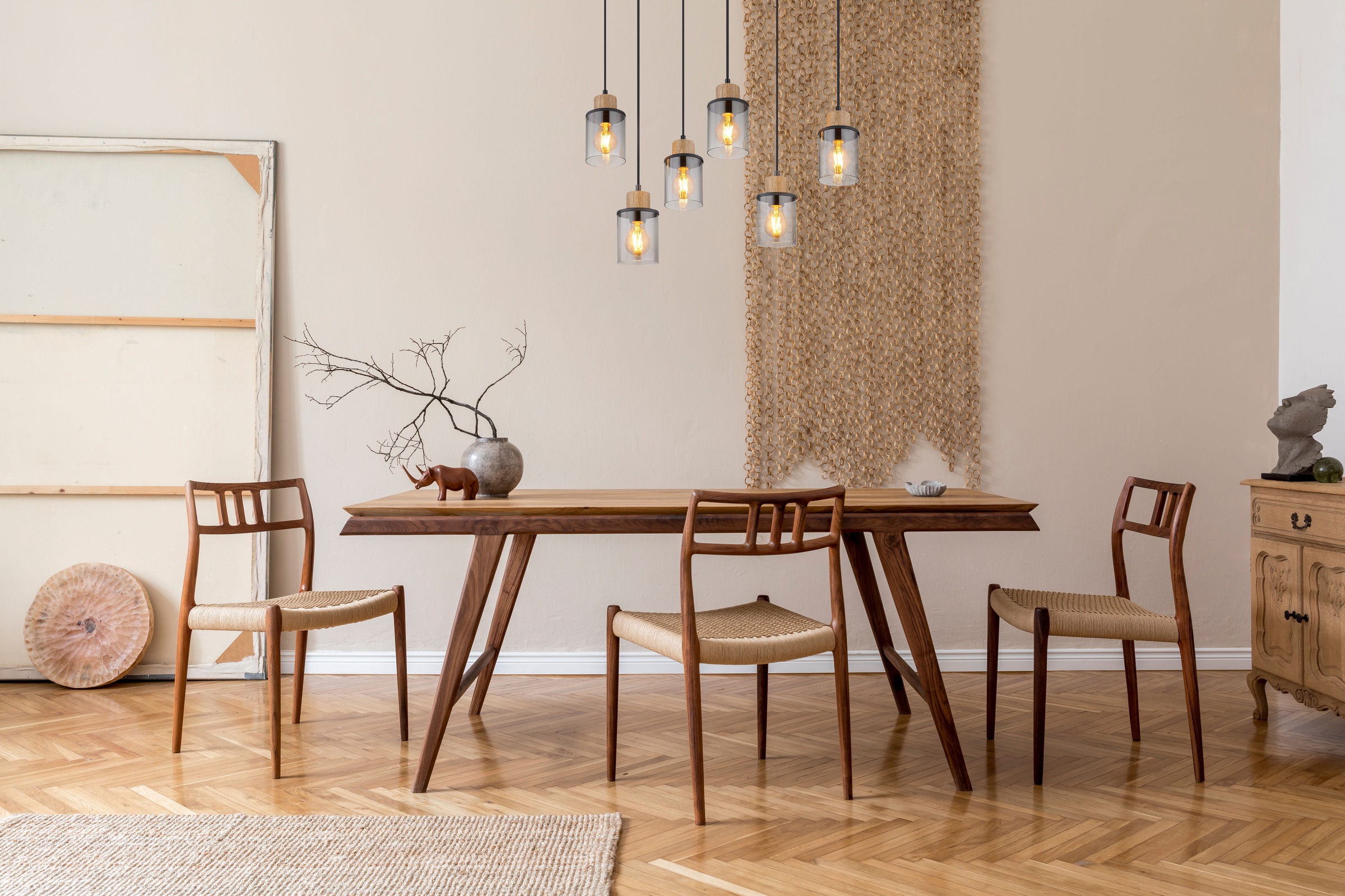 GLOBO LIGHTING Hängeleuchte »REID« E27 1 Stk. Wohnzimmerleuchte schwarz/Holz, Rauchglas, höhenkürzbar