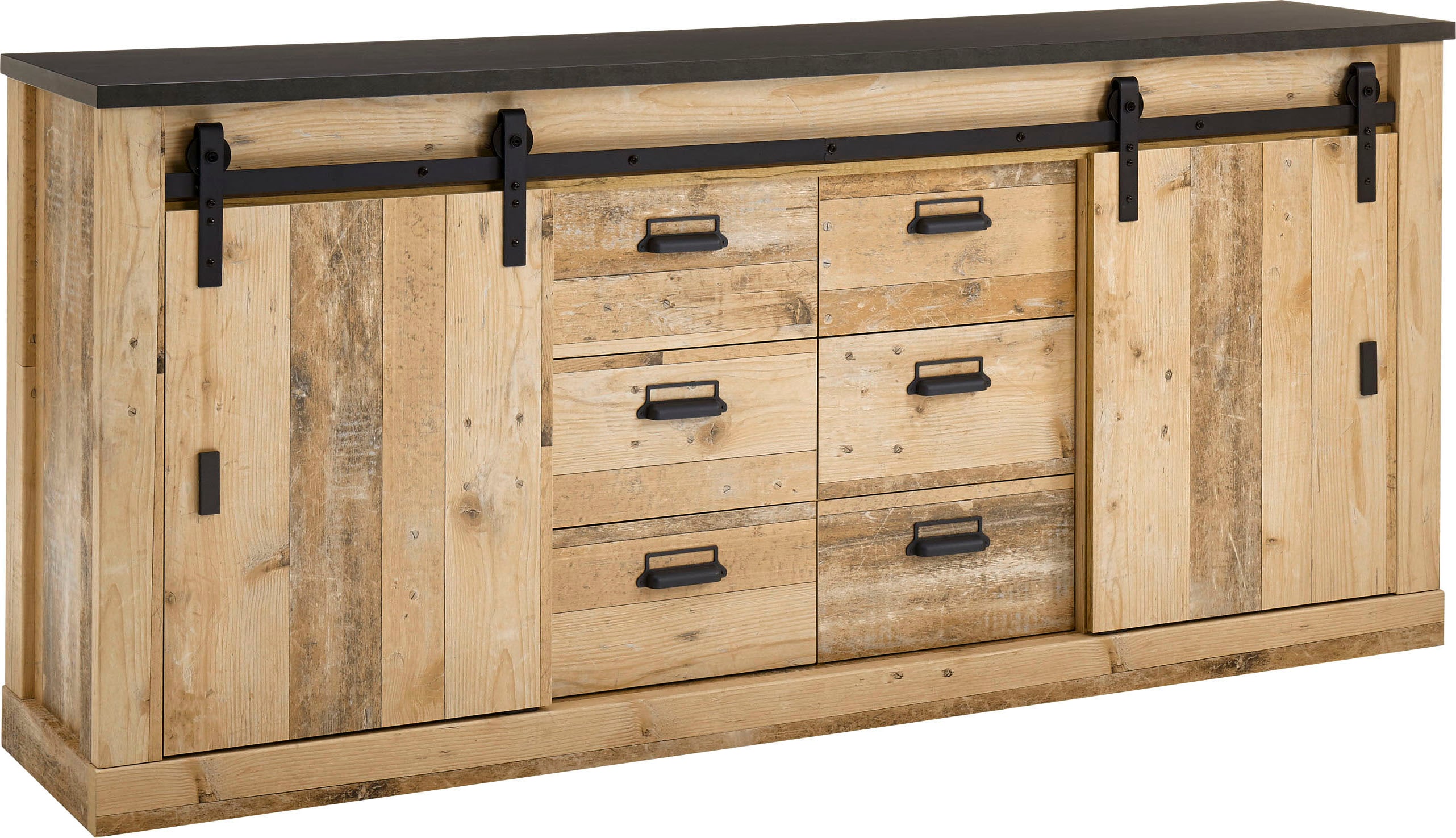 Home affaire Sideboard "Sherwood, Kommode im Industrial-Style, Schrank, Stauraumelement" mit Scheunentorbeschlag & Apothekergriffen, in 2 Farben erhältlich