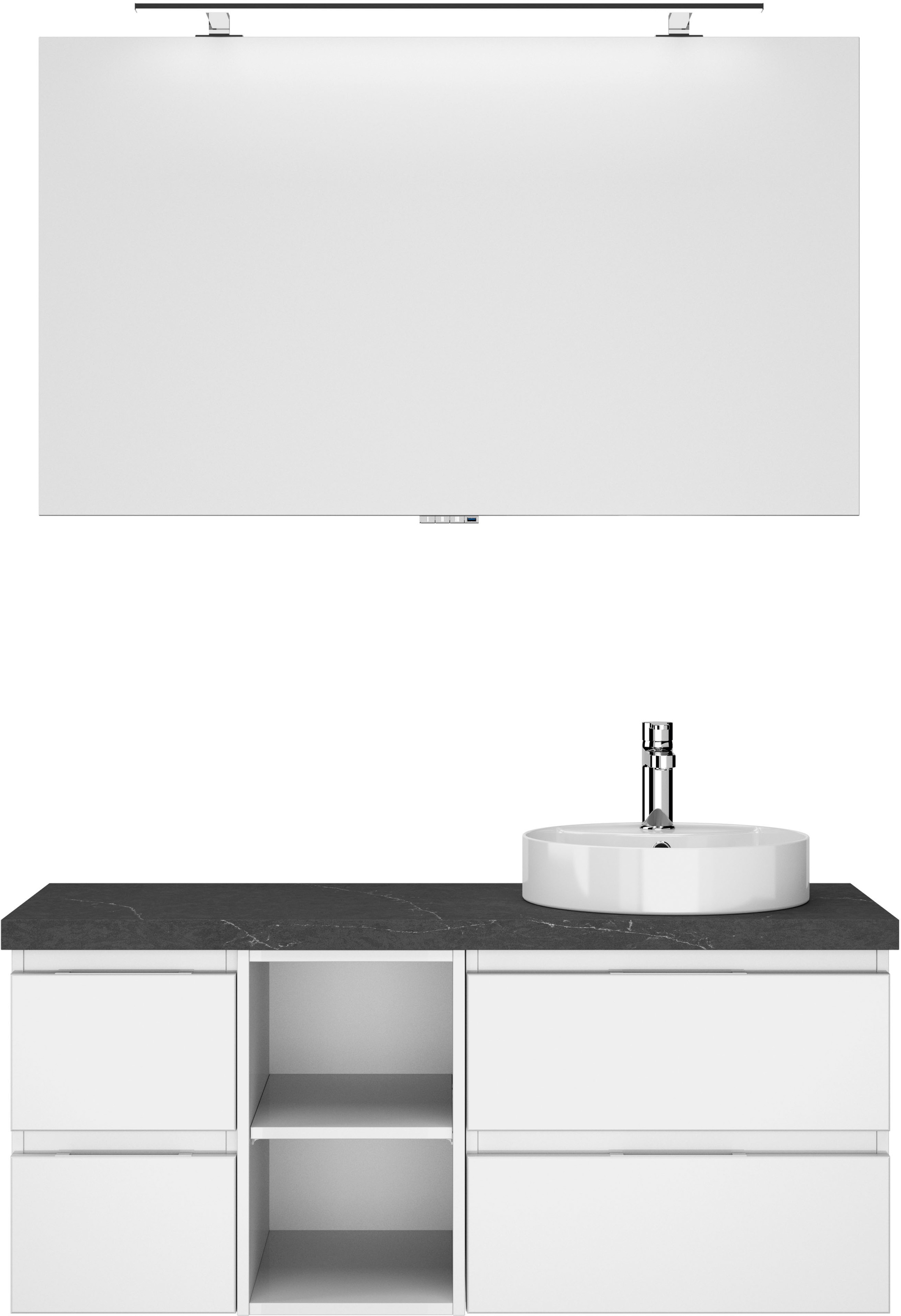 Saphir Badmöbel-Set »Serie 4035 2-teilig, Keramik-Aufsatzbecken mit LED-Spiegel«, (Set), Waschplatz inkl. Türdämpfer, 120 cm breit, 4 Schubladen, 3 Türen