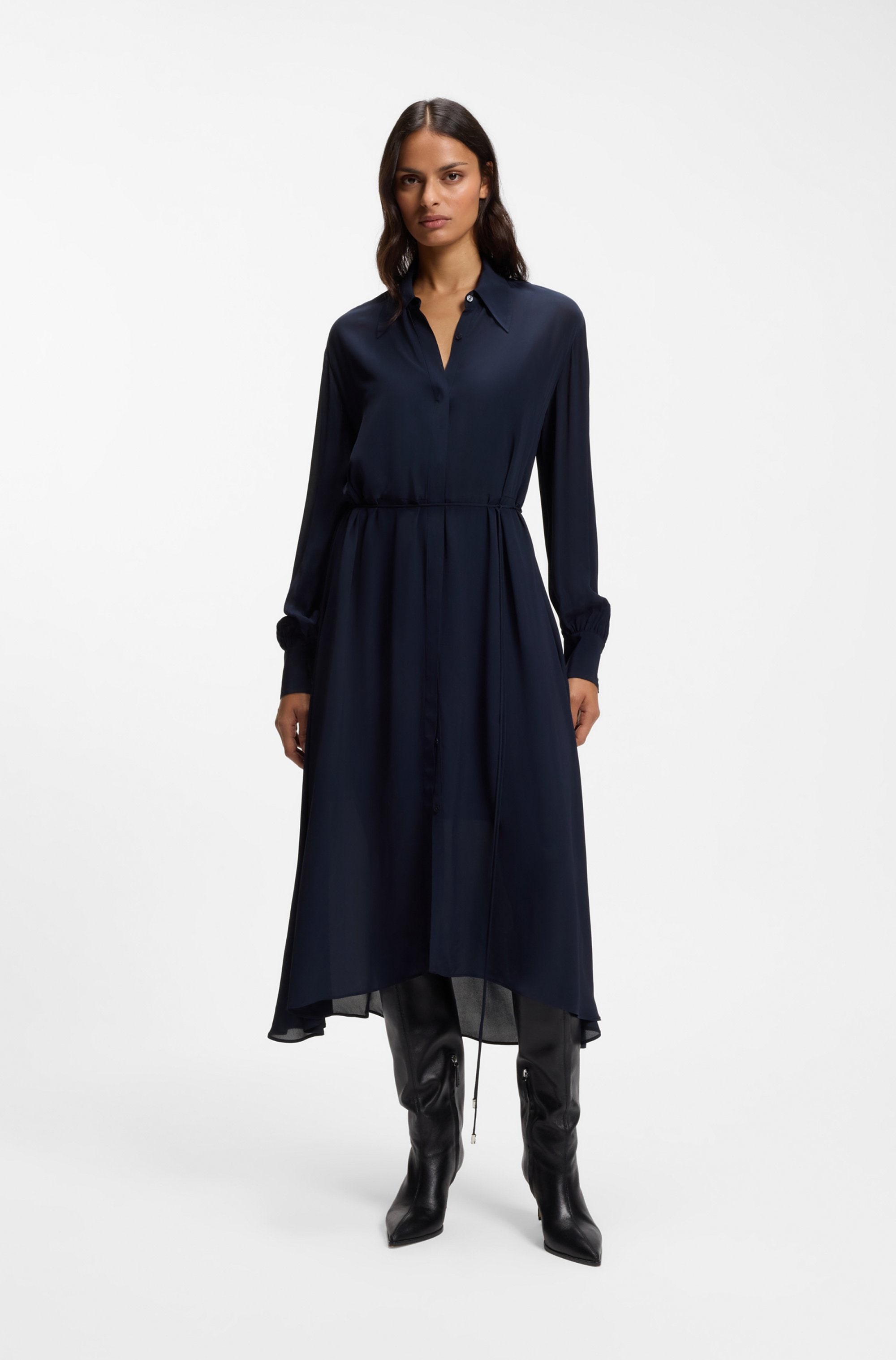BOSS ORANGE Hemdblusenkleid "Dristella Premium Damenmode" aus Crêpe de Chine, Midi-Länge