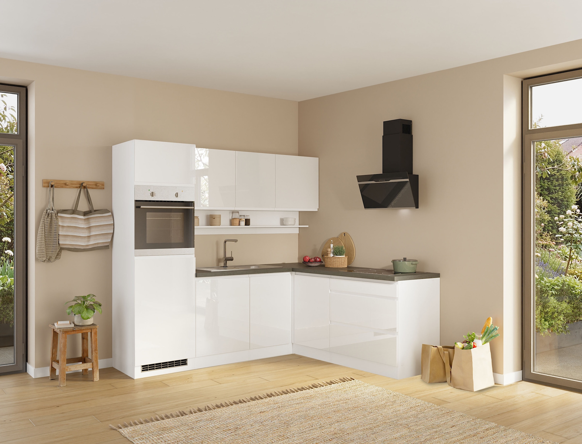 KOCHSTATION »KS-Virginia,neu in verbesserter Ausführung« Arbeitsplatte 38 mm stark, Stauraum, Softclose,  Stellbreite 230/190 cm, Soft-Close, ohne E-Geräte