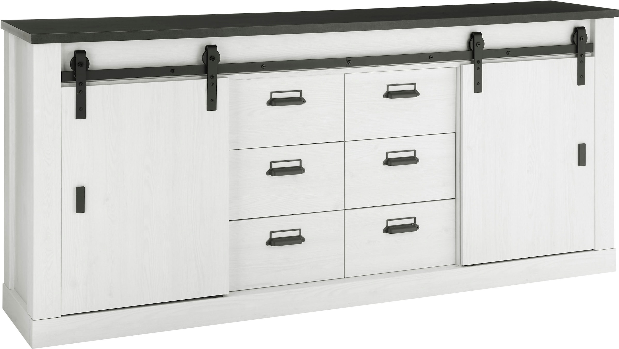 Home affaire Sideboard "Sherwood, Kommode im Industrial-Style, Schrank, Stauraumelement" mit Scheunentorbeschlag & Apothekergriffen, in 2 Farben erhältlich