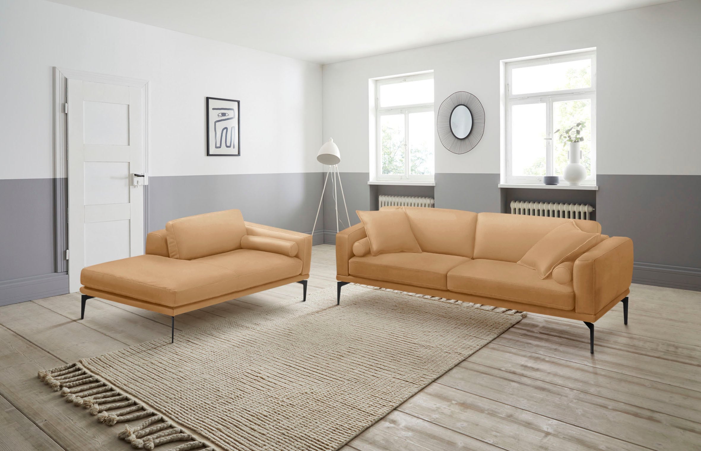 Egoitaliano Polstergarnitur "Masu, Design trifft sensationellen Sitzkomfort" Set besteht aus 2,5-Sitzer, freistehende Ottomane und 3 Rollkissen