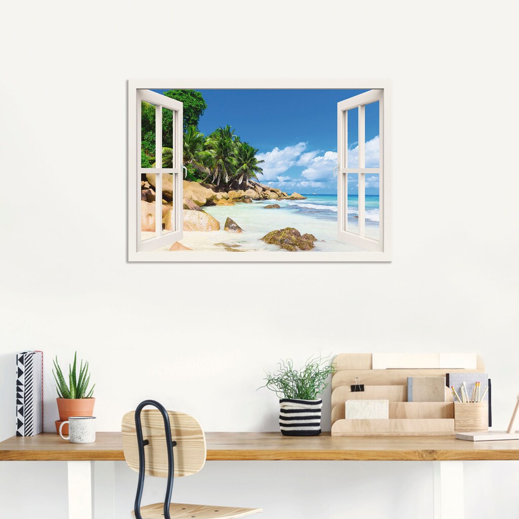Artland Wandbild »Küste mit Palmen durchs Fenster«, Karibikbilder, (1 St.)