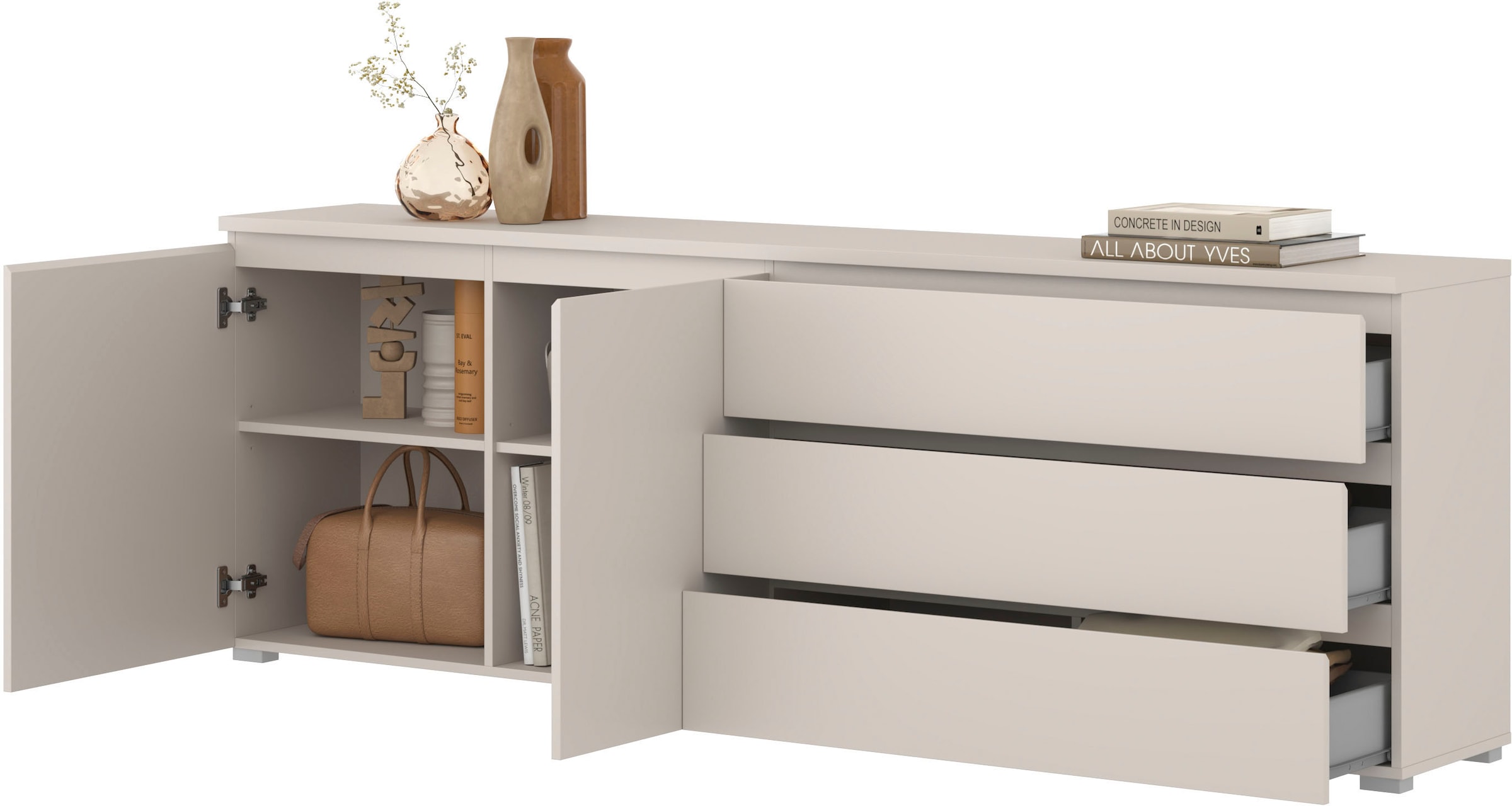 OTTO home Sideboard »Modo, Breite 200 cm, moderne grifflose Kommode 2Türen/3 SK« Schubladenkommode mit viel Stauraum, Einlegeböden verstellbar