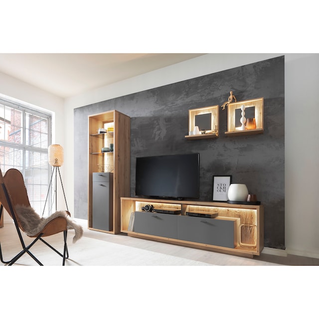 MCA furniture Wohnwand »Lizzano«, (Set, 4 St.), im modernen Landhausstil  mit 3-D Rückwand, wahlweise mit Beleuchtung kaufen | BAUR