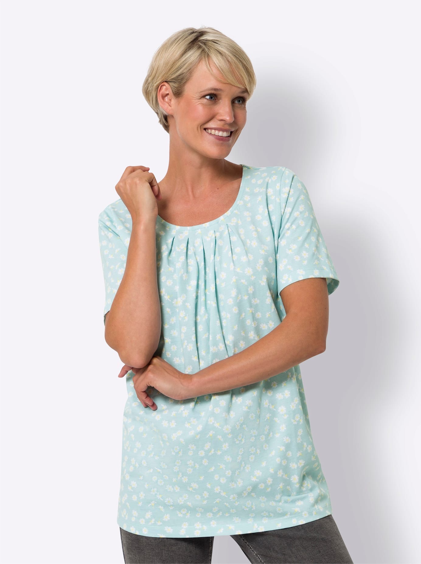 Longshirt CLASSIC BASICS "Longshirt", Damen, Gr. 44, grün (mint, weiß, bedruckt), 100% Baumwolle, geblümt, gemustert, mehrfarbig, Rundhals, Shirts Longshirt