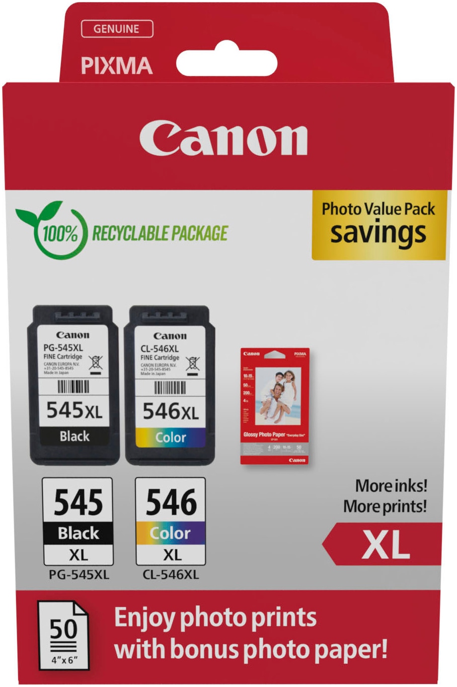 CANON Tintenpatrone "PG-545XL/CL-546XL Tinte mit hoher Reichweite + Fotopapier Value Pack", bunt, Tintenpatronen