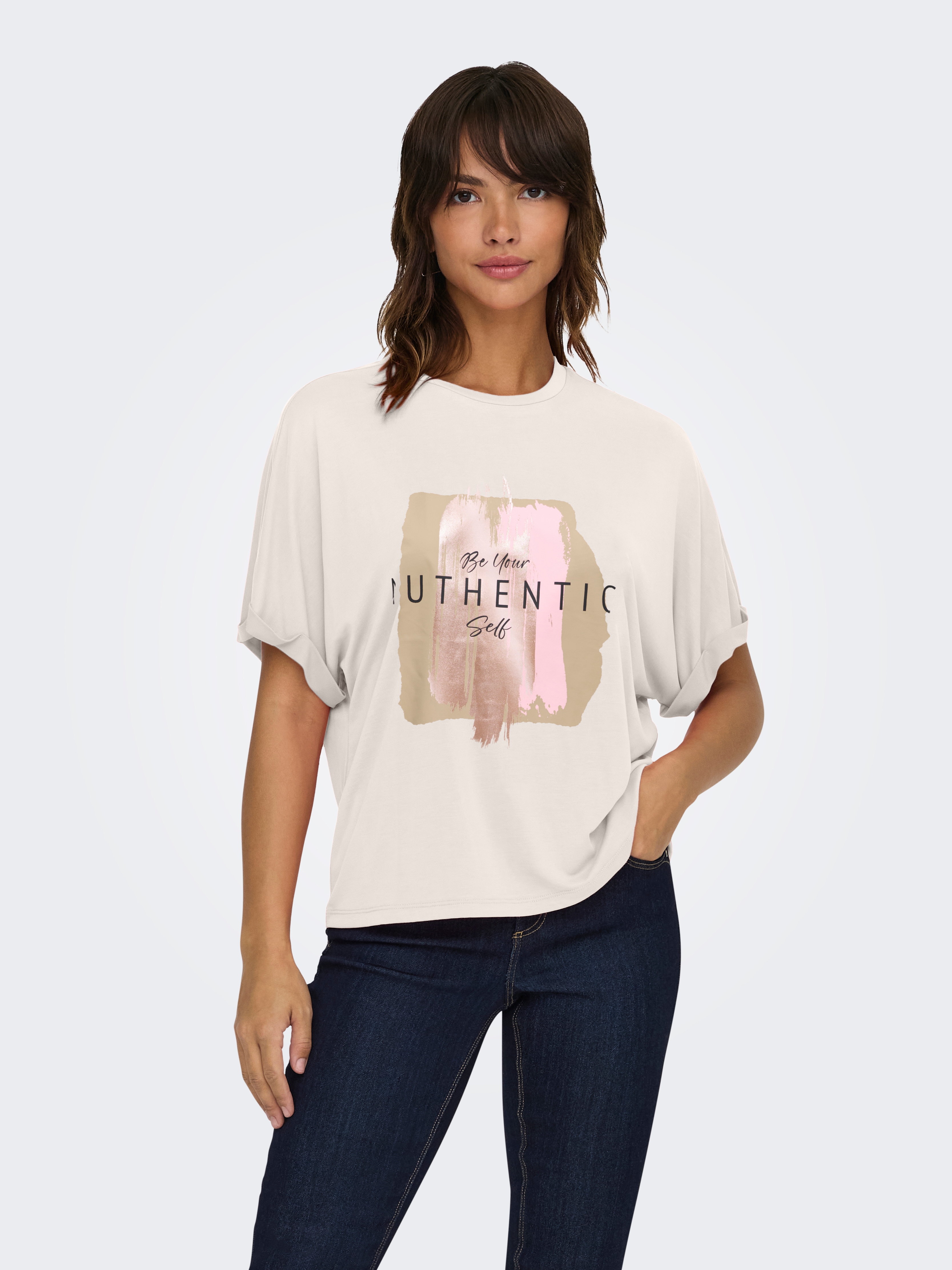 ONLY T-Shirt "ONLFREE LIFE S/S FOLD-UP TOP BOX JRS" Materialmix, regular fit, Rundhals