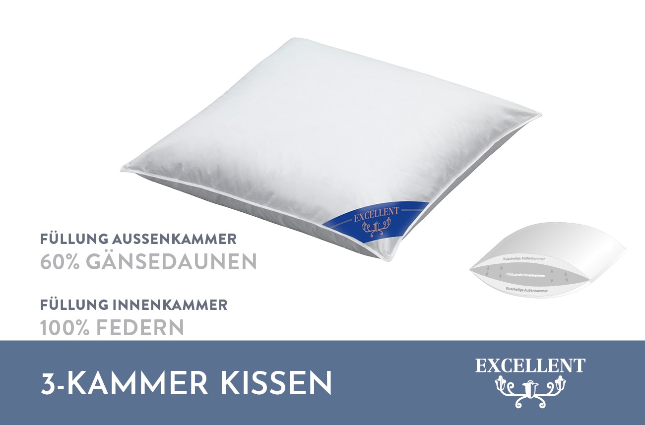 Excellent 3-Kammer-Kopfkissen »Davos Dreikammerkissen in den Größen 40x80 und 80x80 cm erhältlich.«, Füllung: 60%Gänsedaunen, 40% Gänsefedern (Außenkammer), Bezug: 100% Baumwolle, (1 St.), hergestellt in Deutschland, allergikerfreundlich