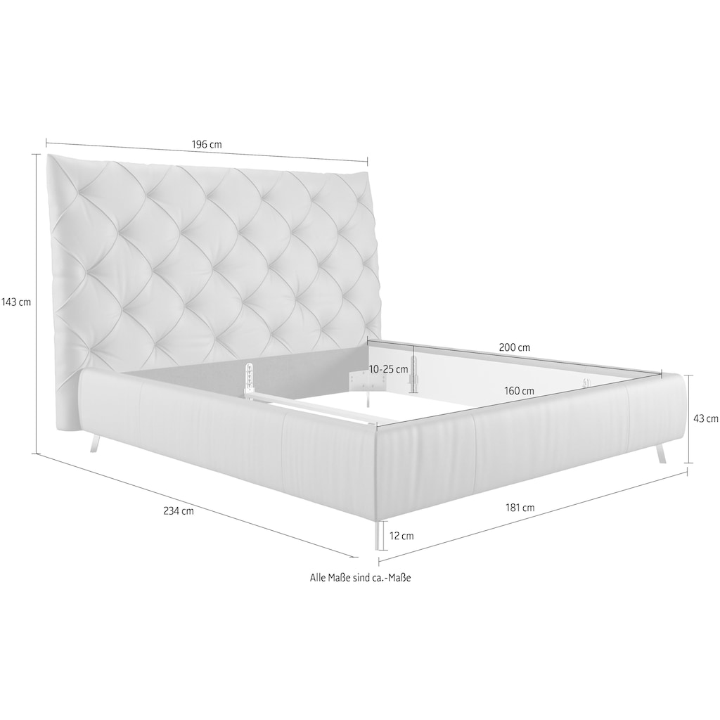 Places of Style Polsterbett »Elloree, in 4 Breiten, hinten mit Originalstoff bezogen, auch in Leder«, Kopfteilhöhe 143cm, belastbar bis 280 kg, auch in Überlänge 220cm