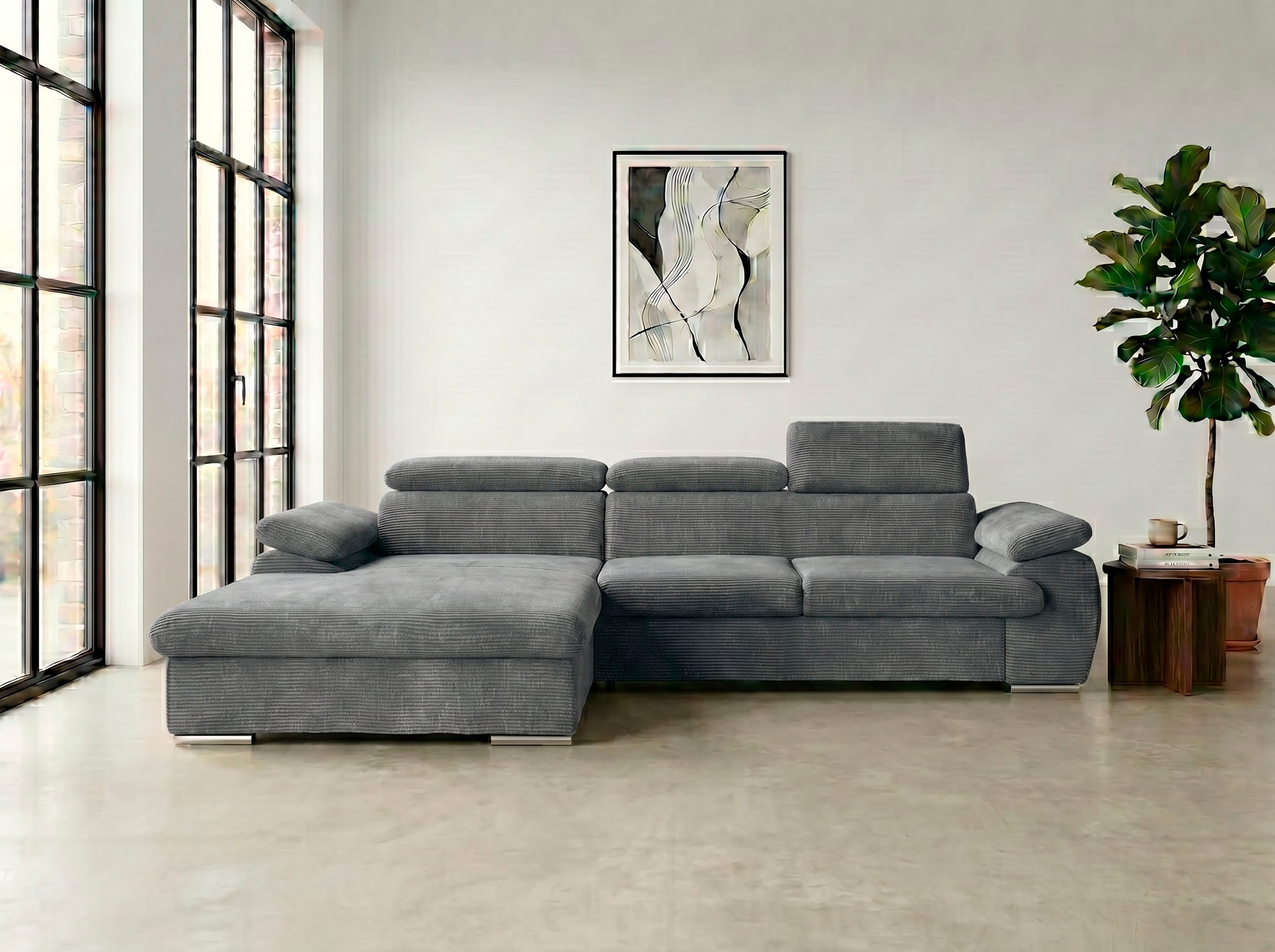 WERK2 Ecksofa "Cosmo 282 x 192 cm modern und bequem" Cord, L-Form, XXL, Schlaffunktion, Bettkasten, verstellbare Kopfteile