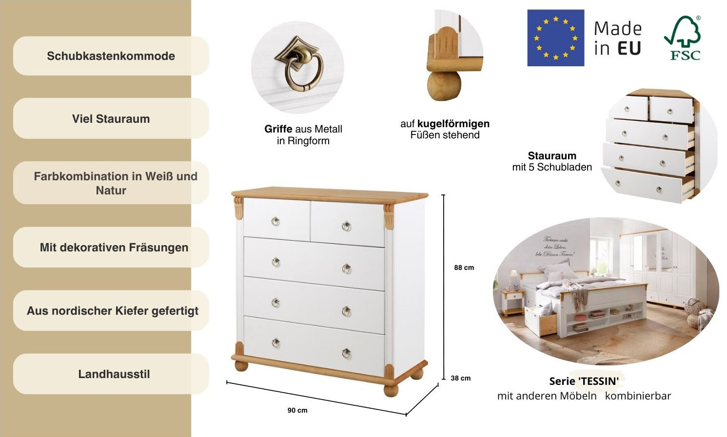 Thumbnail - OTTO home Schubkastenkommode "Tessin" aus massiver, FSC zertifizierter Kiefer, mit 5 Schubladen