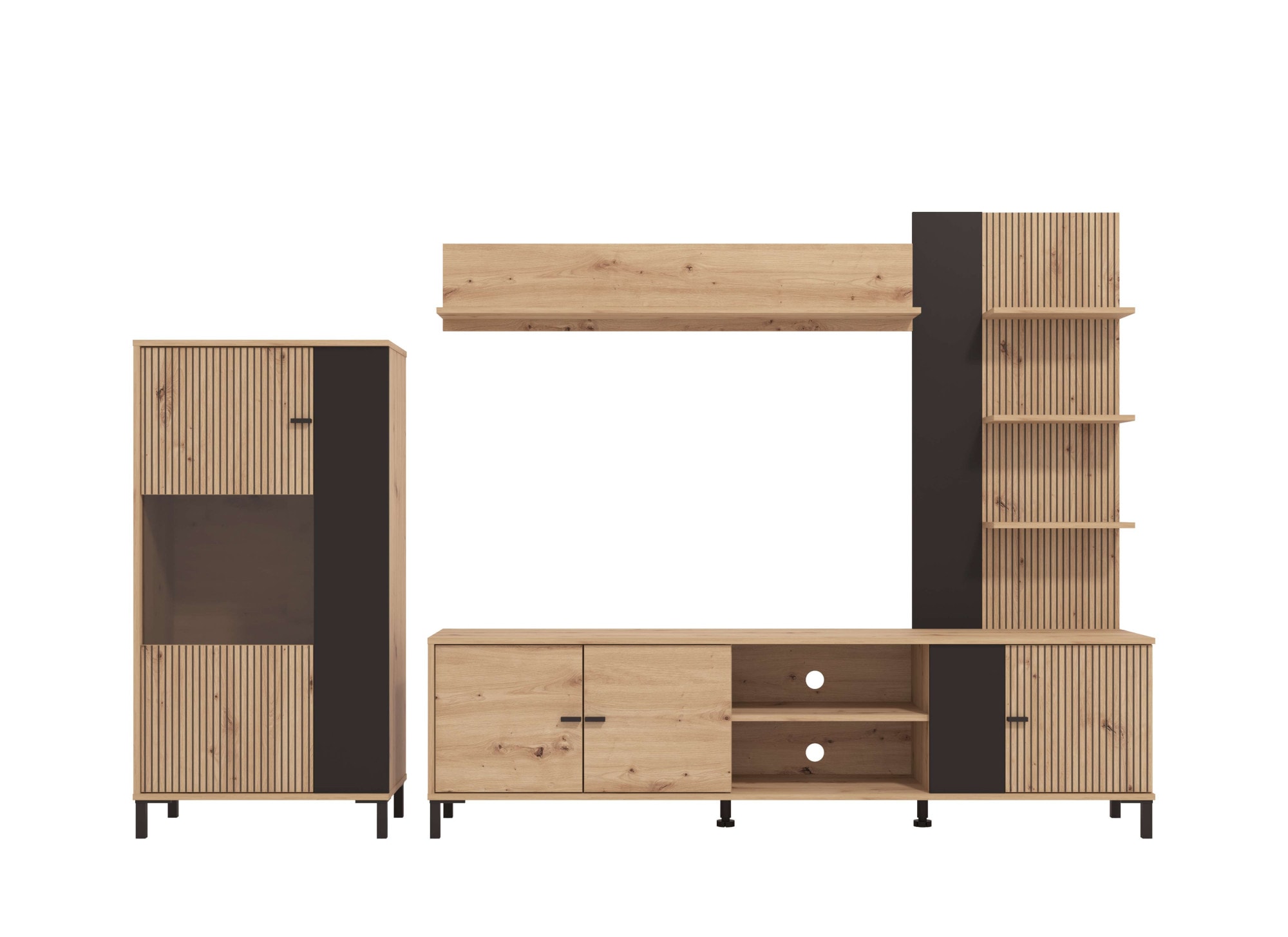 INOSIGN Wohnwand »Avignon, inkl. Highboard, TV-Board, Standregal und Wandregal«, (Komplett-Set, 4 St.), 263 cm, Trendfarben, mit dekorativen schwarzen Streifen, TV bis 58'